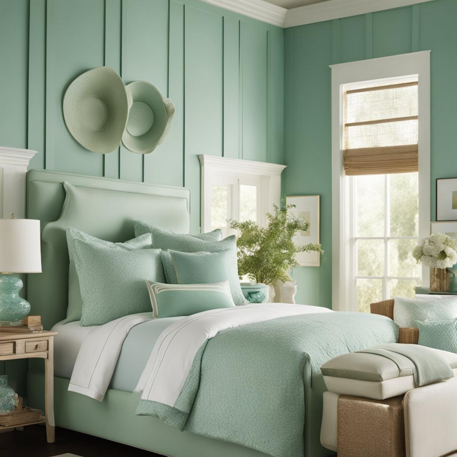 A seafoam green coastal retreat bedroom with eclectic decor by Ralph Lauren Paint