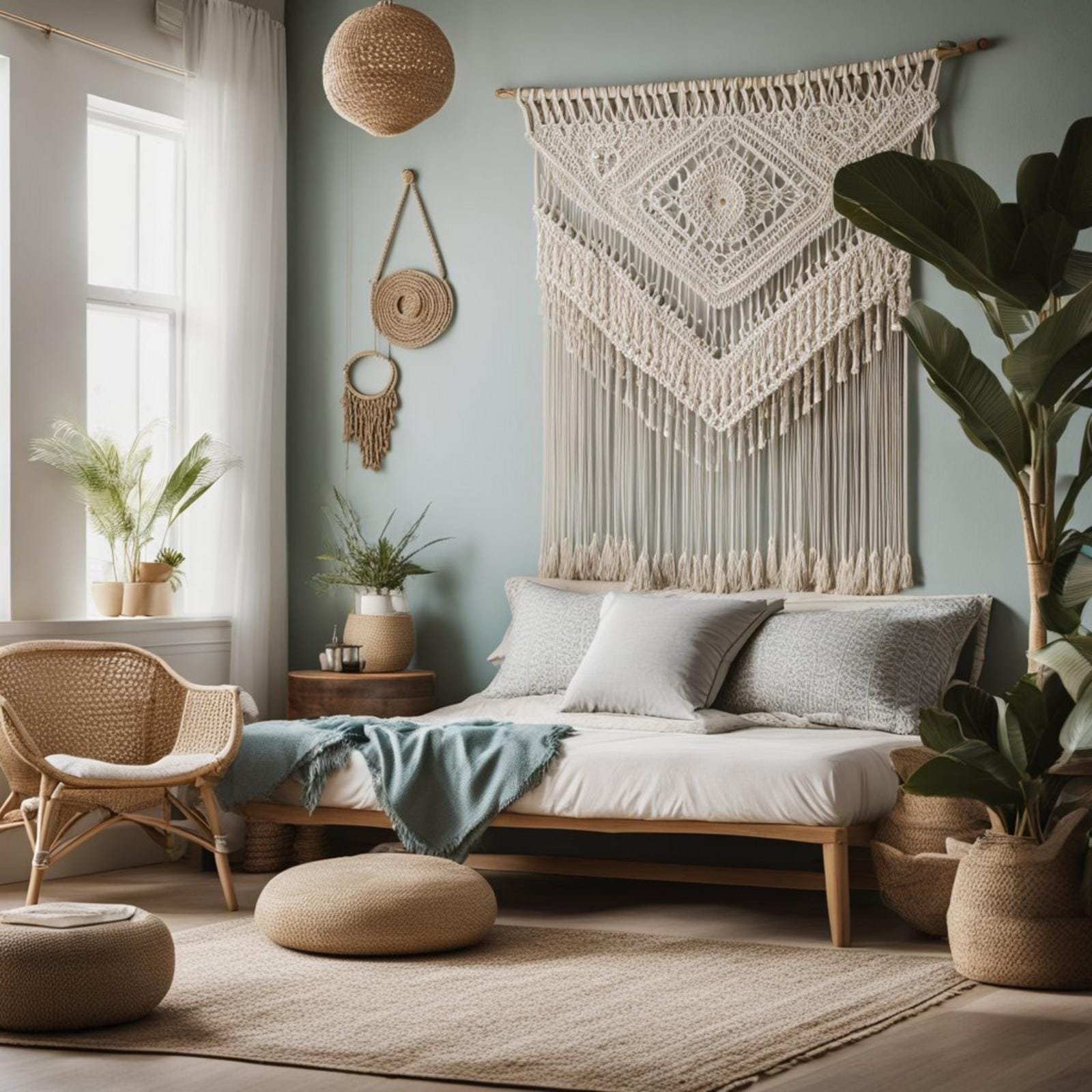 A bohemian macrame wall hanging adorns a coastal retreat eclectic bedroom