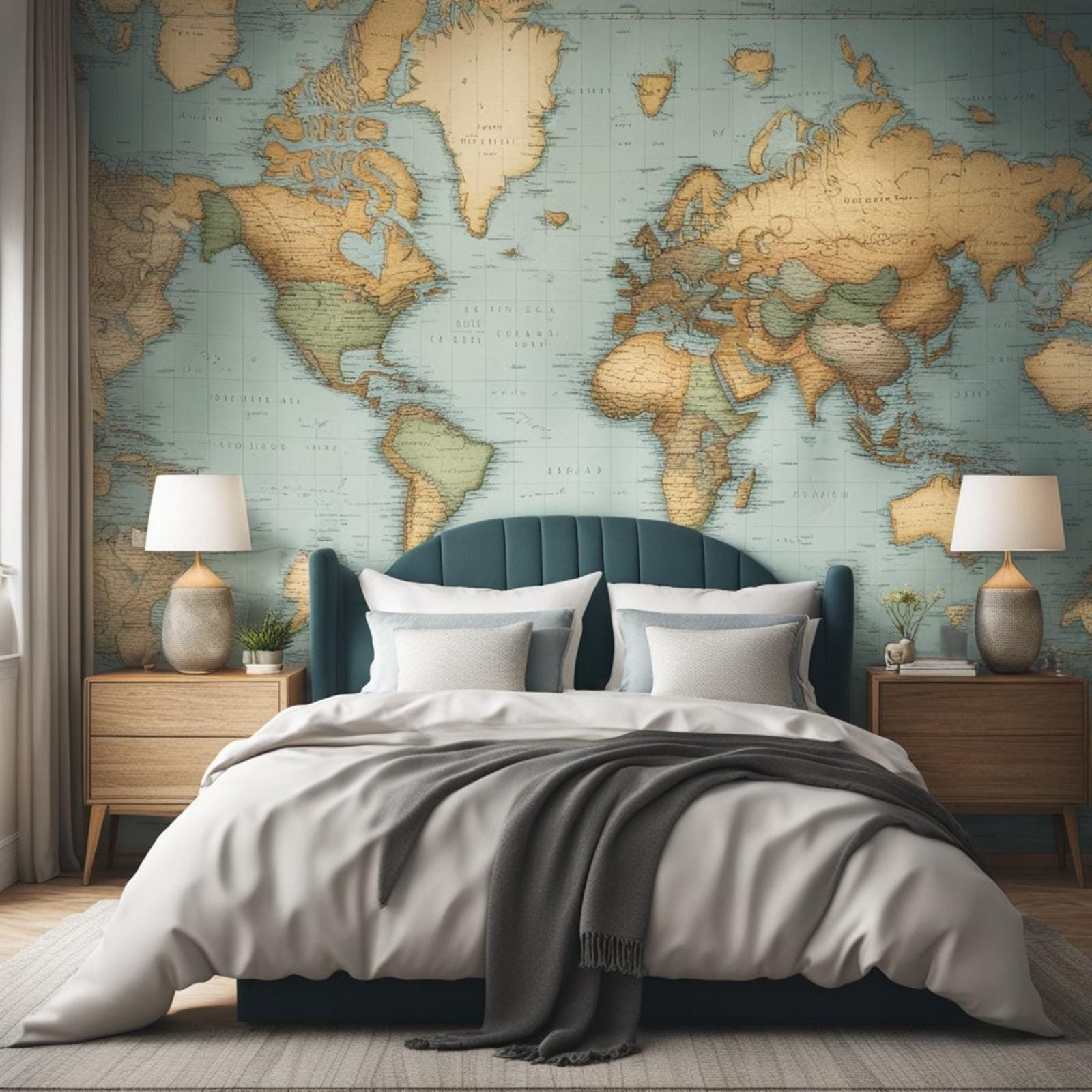 7 coastal retreat eclectic bedroom ideas (beach boho bliss) 3 An eclectic bedroom with vintage nautical maps as wallpaper, coastal retreat vibes