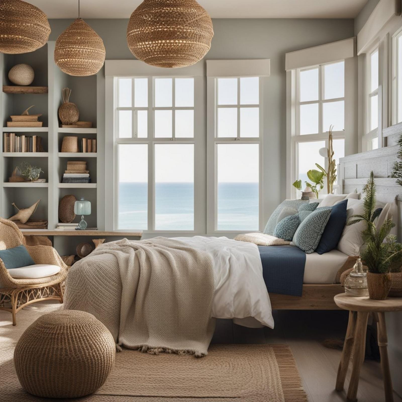 7 coastal retreat eclectic bedroom ideas (beach boho bliss) 2 An eclectic coastal retreat bedroom with a mix of nautical and bohemian elements. A large window overlooks the ocean, with driftwood accents and a cozy reading nook