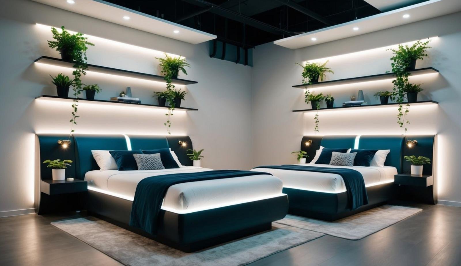 Two sleek, futuristic beds with integrated LED lighting and built-in storage. Each bed is surrounded by floating shelves with potted plants and modern decor