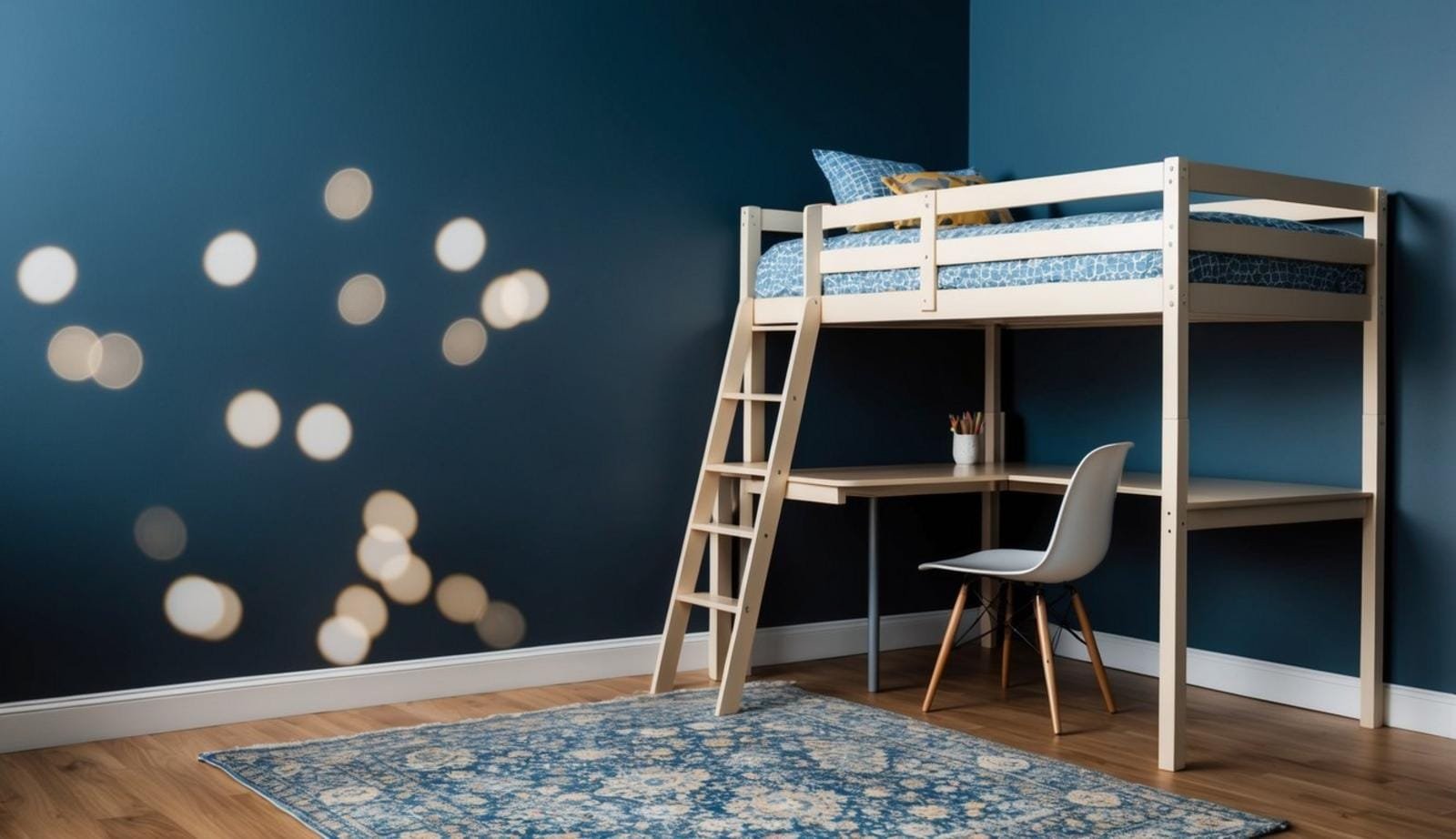 A loft bed with an attached desk sits against a wall, with a ladder leading up to the bed and a chair tucked under the desk