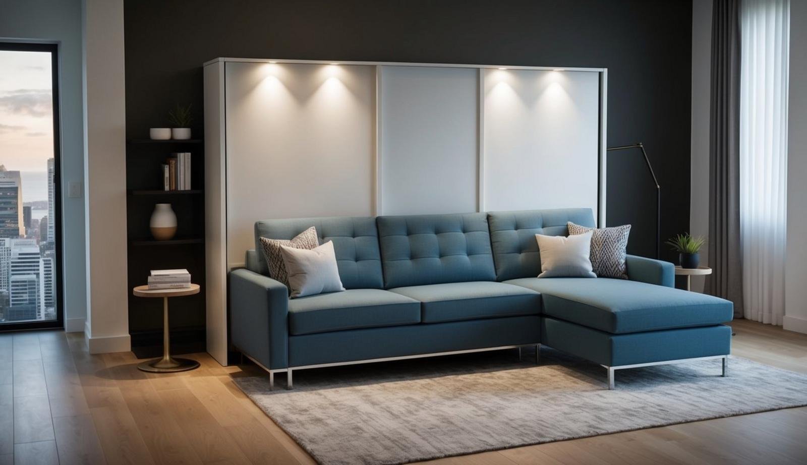 A Murphy bed seamlessly transforms into a sofa, with modern design and sleek lines