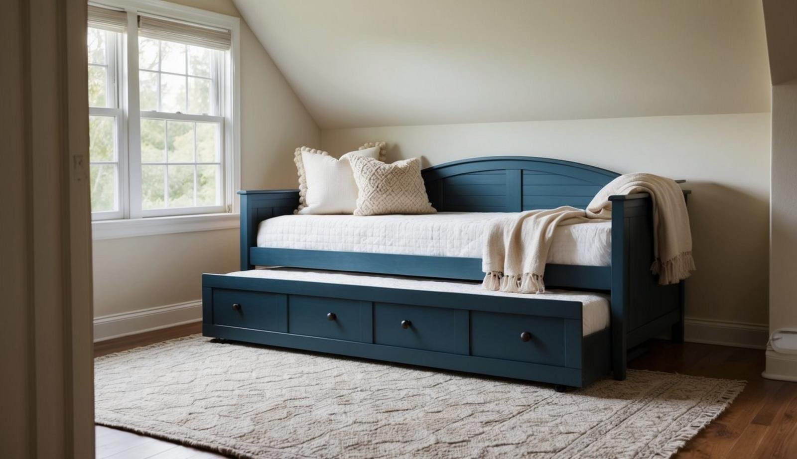 A cozy trundle daybed nestled in a sunlit nook, adorned with plush pillows and a soft throw blanket