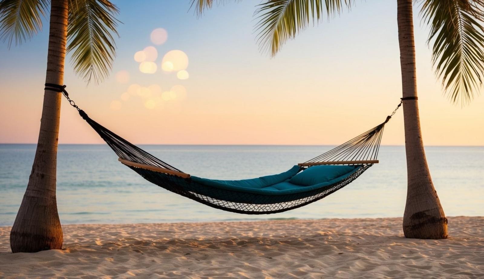 A hammock bed suspended between two palm trees on a sandy beach, with a gentle breeze swaying the fabric