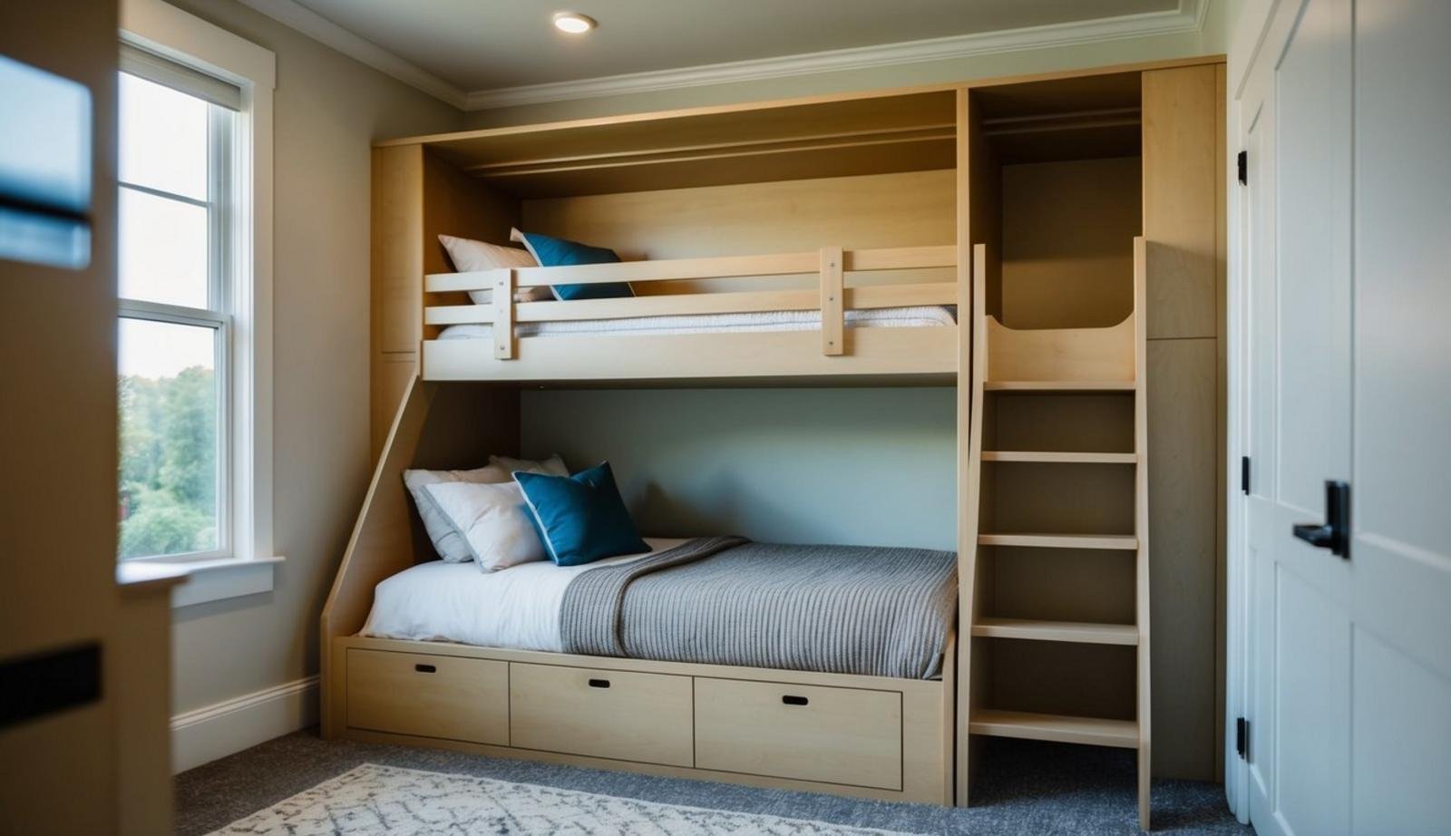 A bunk bed with built-in storage and ladder, maximizing space in a cozy bedroom