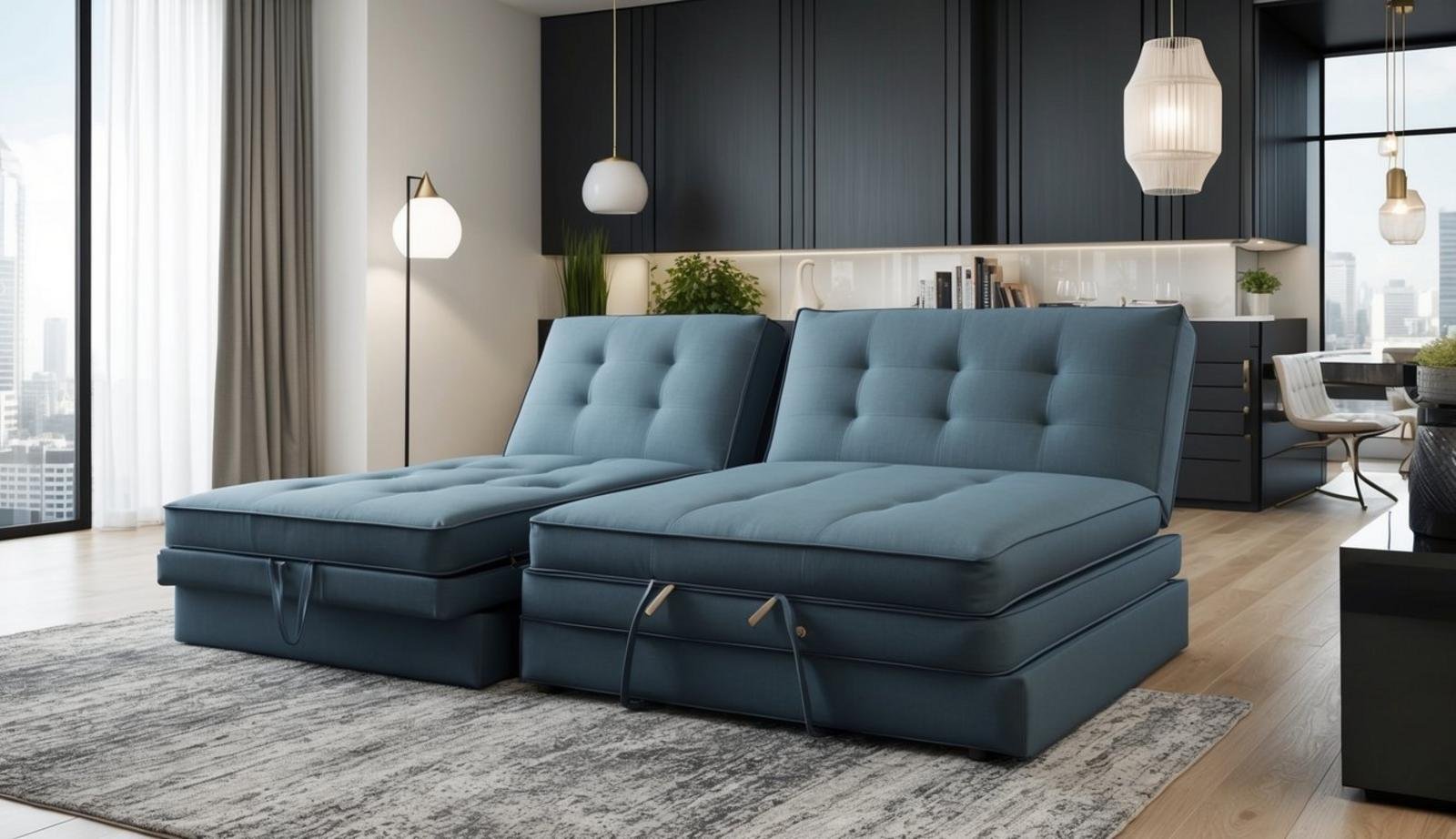 A convertible futon transforms into cool beds in a modern living room with sleek furniture and stylish decor