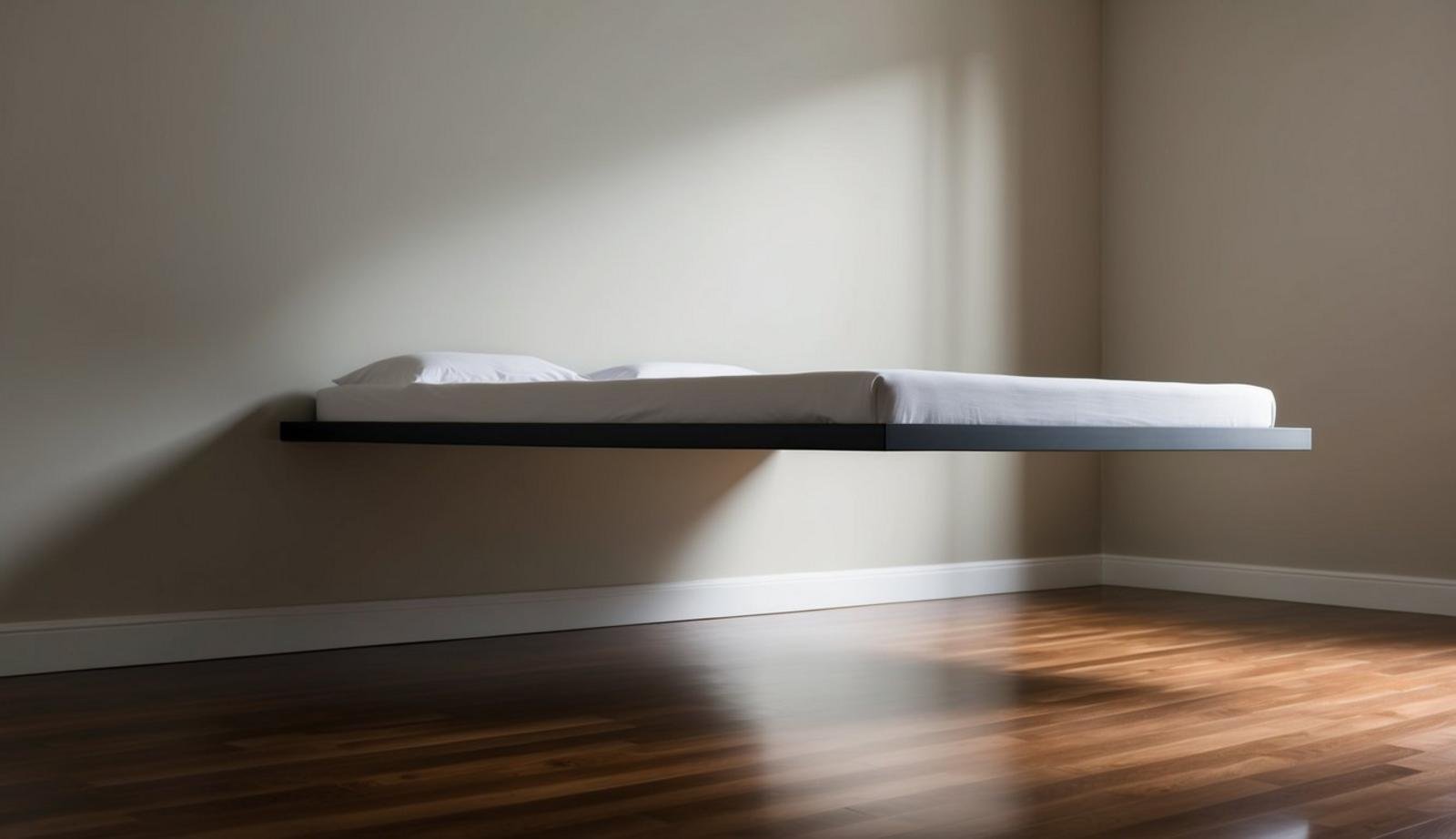 A sleek, minimalist floating bed frame hovers above a polished hardwood floor, casting a shadow against a backdrop of soft, neutral-colored walls
