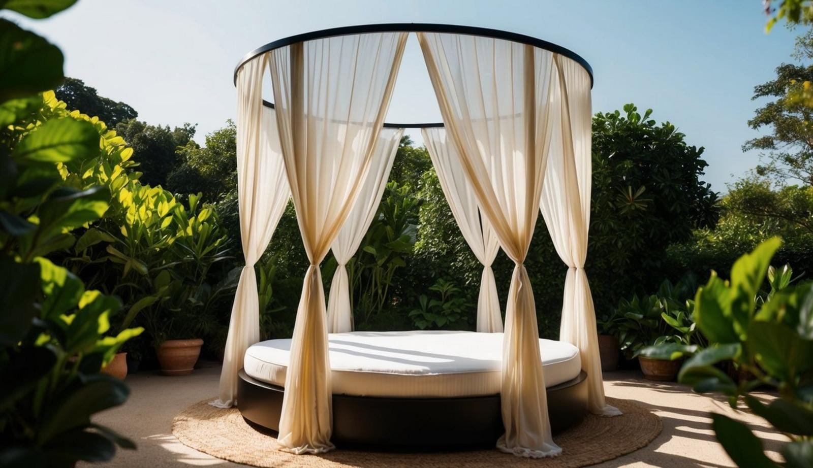 A round canopy bed sits in a sunlit room, draped with flowing fabric and surrounded by lush greenery