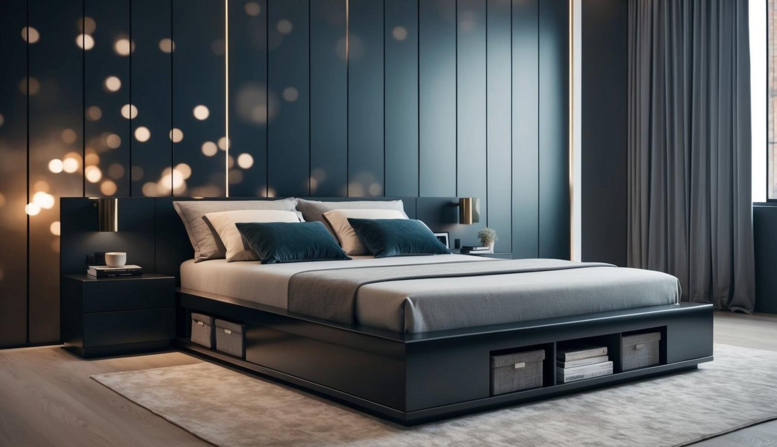 A sleek, modern platform bed with built-in storage compartments
