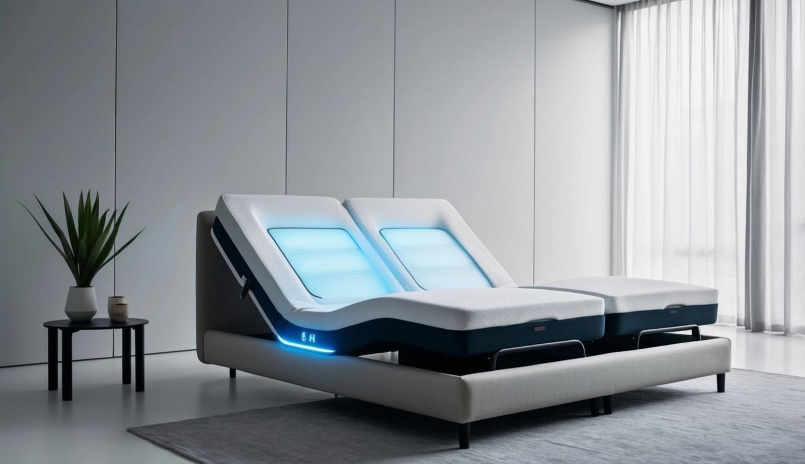 A sleek, modern smart bed with adjustable features and a cooling system, set against a minimalist bedroom backdrop
