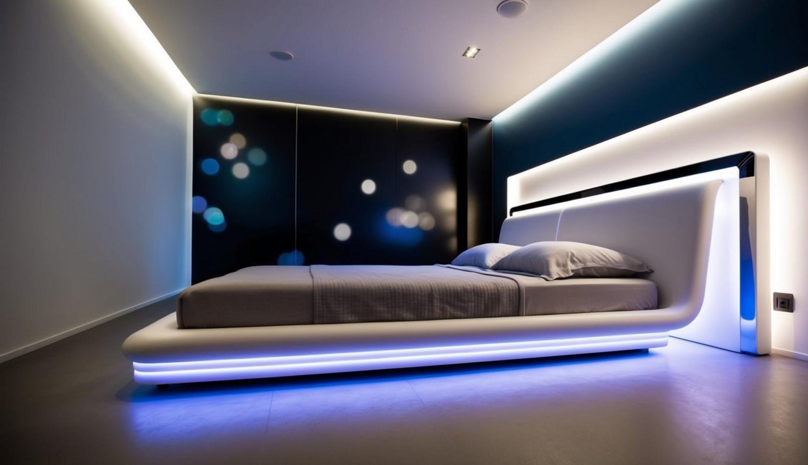 A sleek, futuristic bed with built-in LED lighting and a floating design