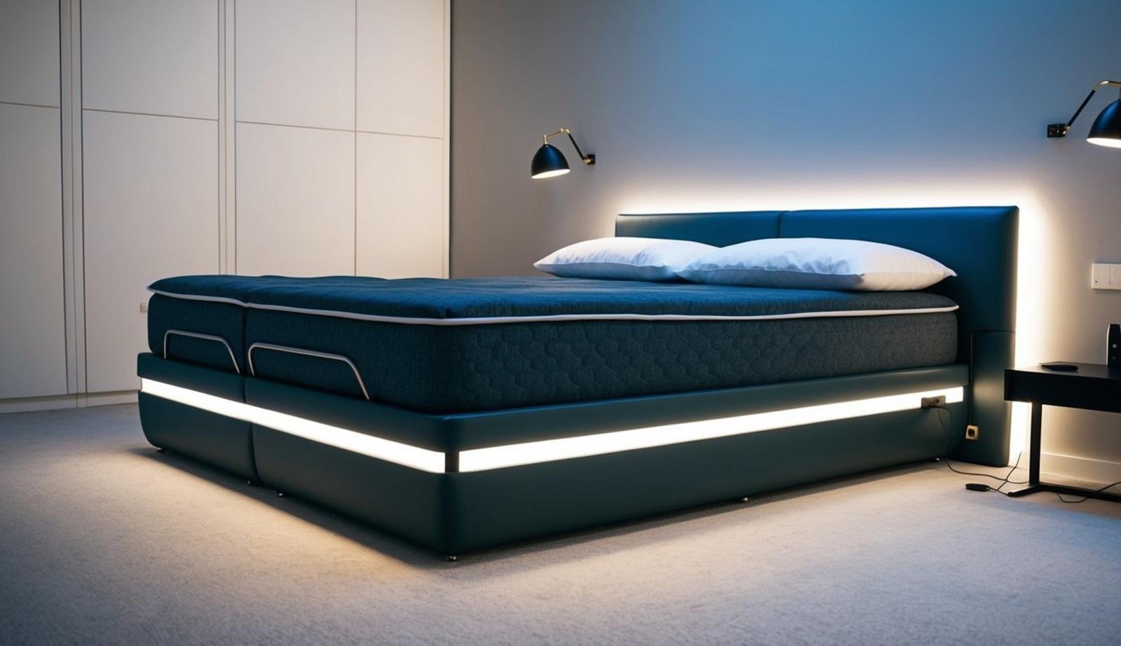 A sleek, modern bed with built-in LED lighting, adjustable mattress firmness, and integrated USB charging ports