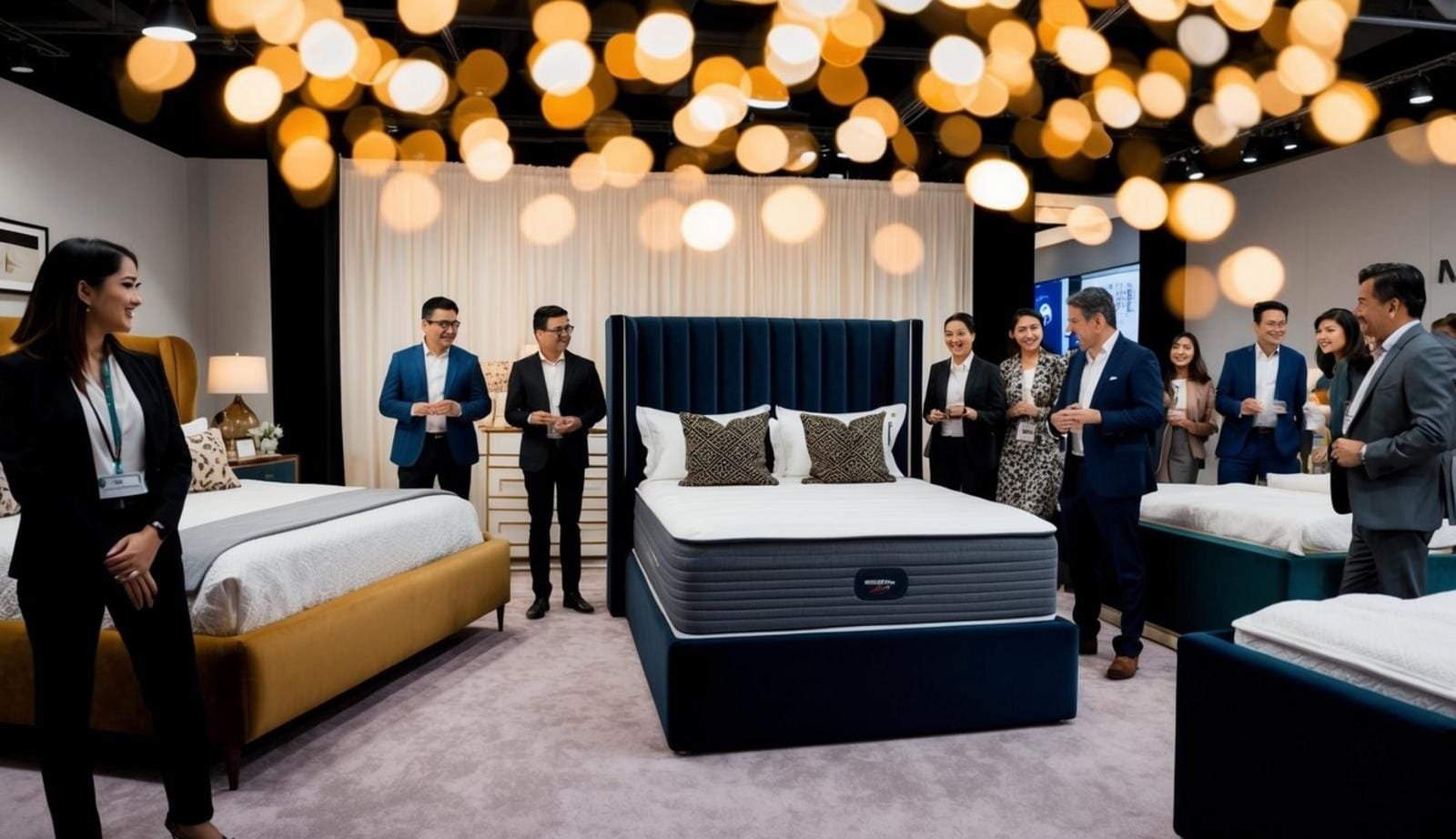 A bedroom with various unique and stylish bed designs, surrounded by curious customers and staff