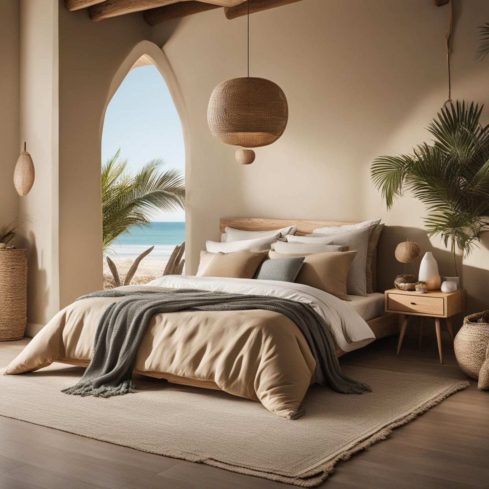 5 ways to style an earthy tones coastal bedroom (you'll love #3) 2 A cozy coastal bedroom with earthy tones, featuring sandy beige walls, driftwood furniture, and ocean-inspired decor