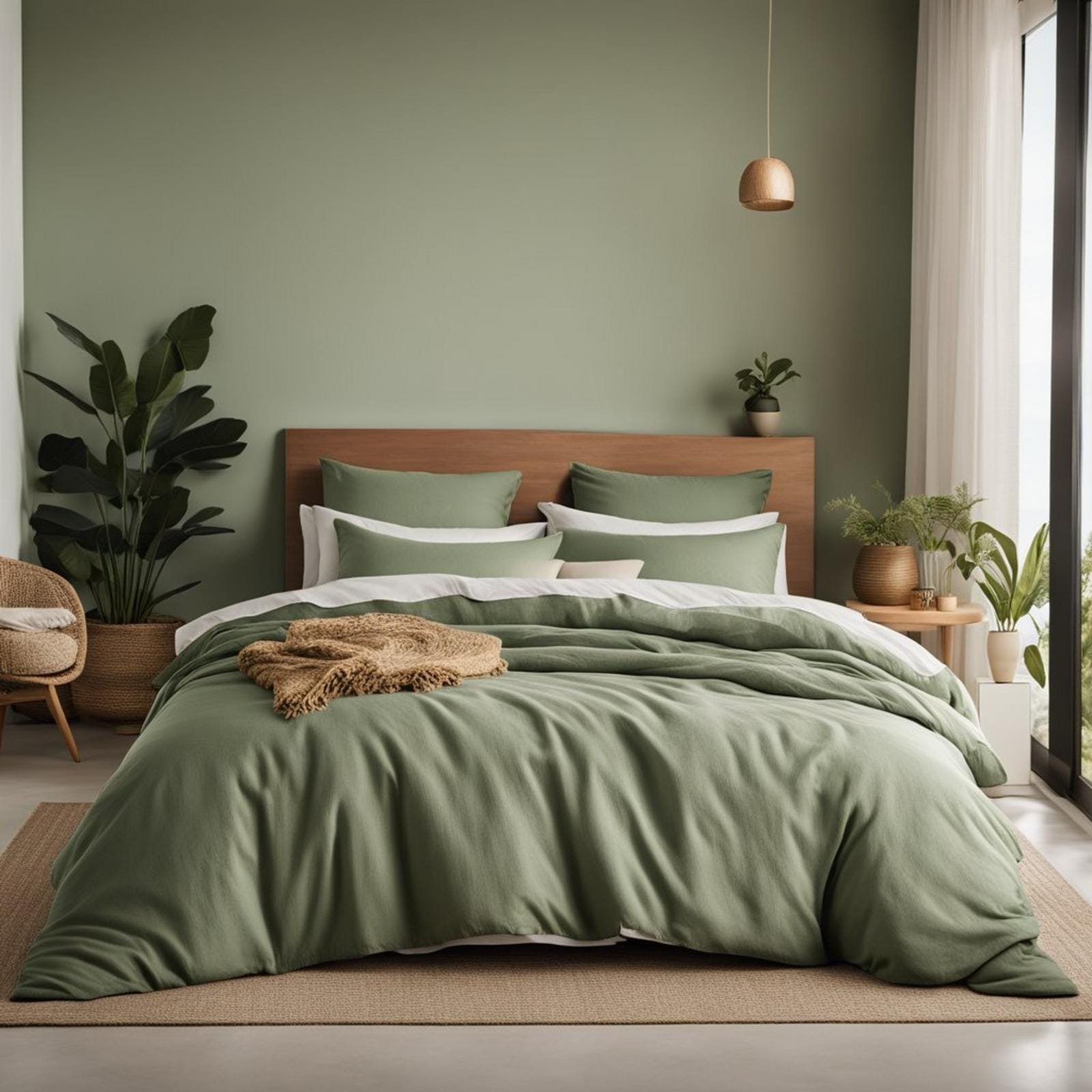 5 ways to style an earthy tones coastal bedroom (you'll love #3) 4 A coastal bedroom with a sage green linen duvet cover, earthy tones, and natural textures
