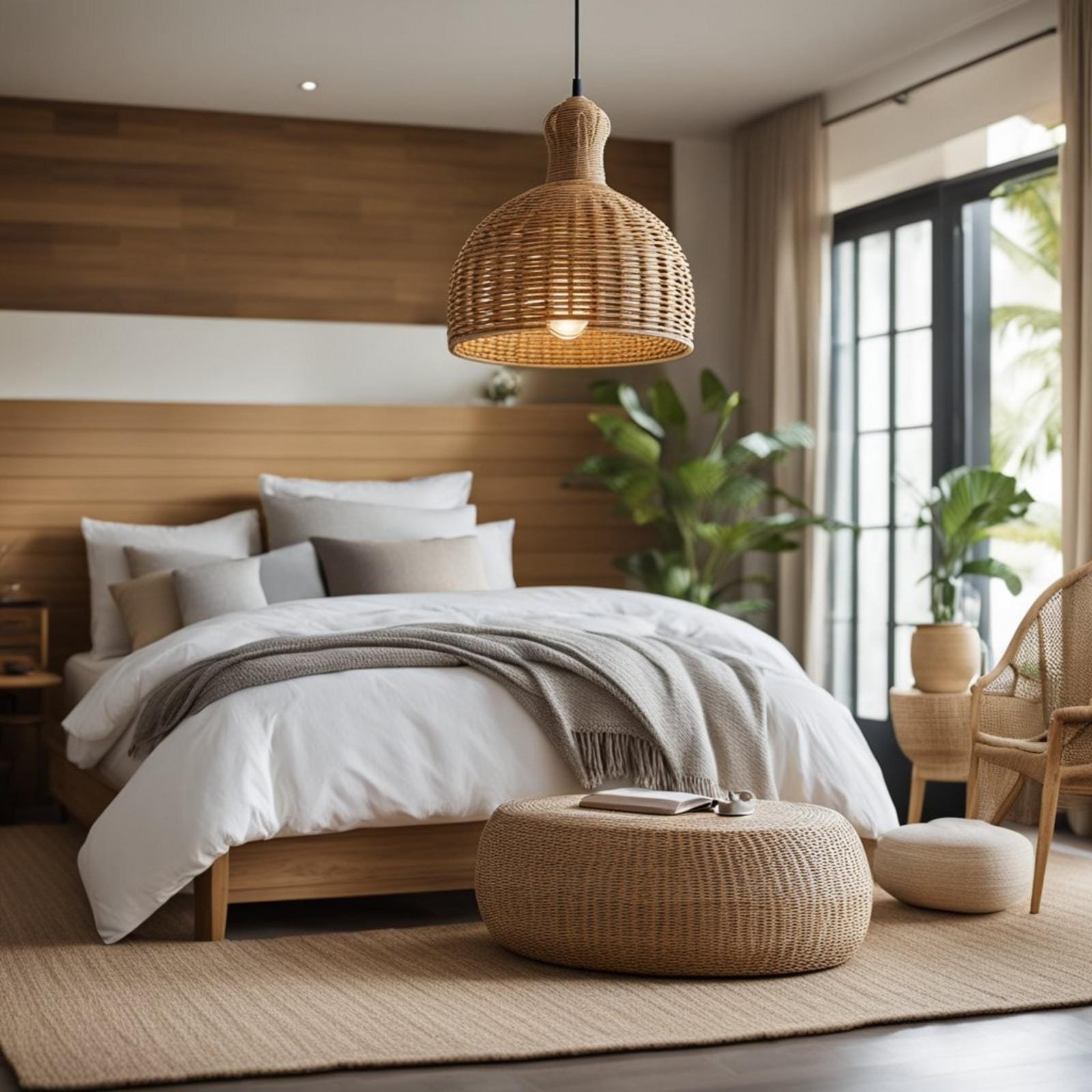 5 ways to style an earthy tones coastal bedroom (you'll love #3) 5 A rattan pendant light hangs above a coastal bedroom with earthy tones