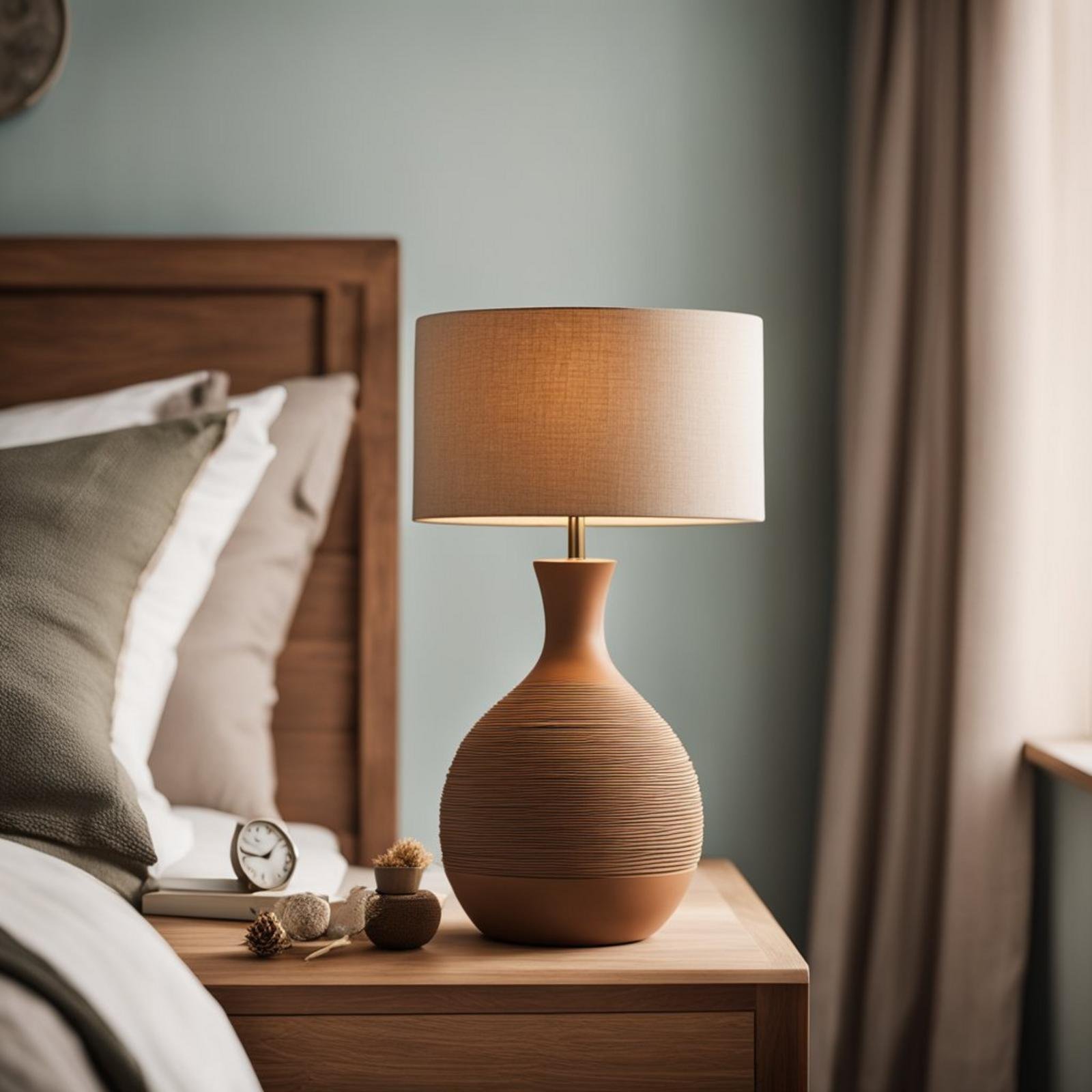 5 ways to style an earthy tones coastal bedroom (you'll love #3) 8 A terracotta ceramic table lamp sits on a weathered wooden bedside table in a coastal bedroom, surrounded by earthy tones and natural textures