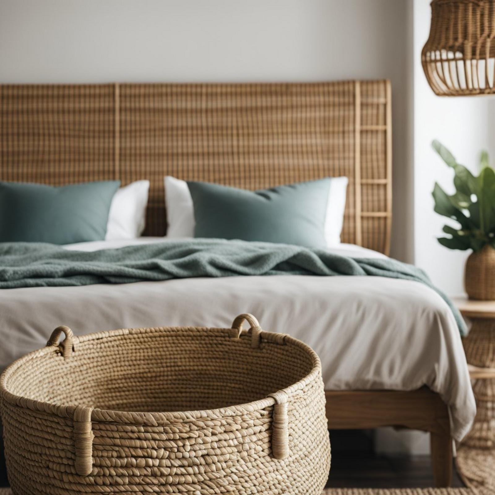 5 ways to style an earthy tones coastal bedroom (you'll love #3) 9 A coastal bedroom with earthy tones features woven seagrass baskets