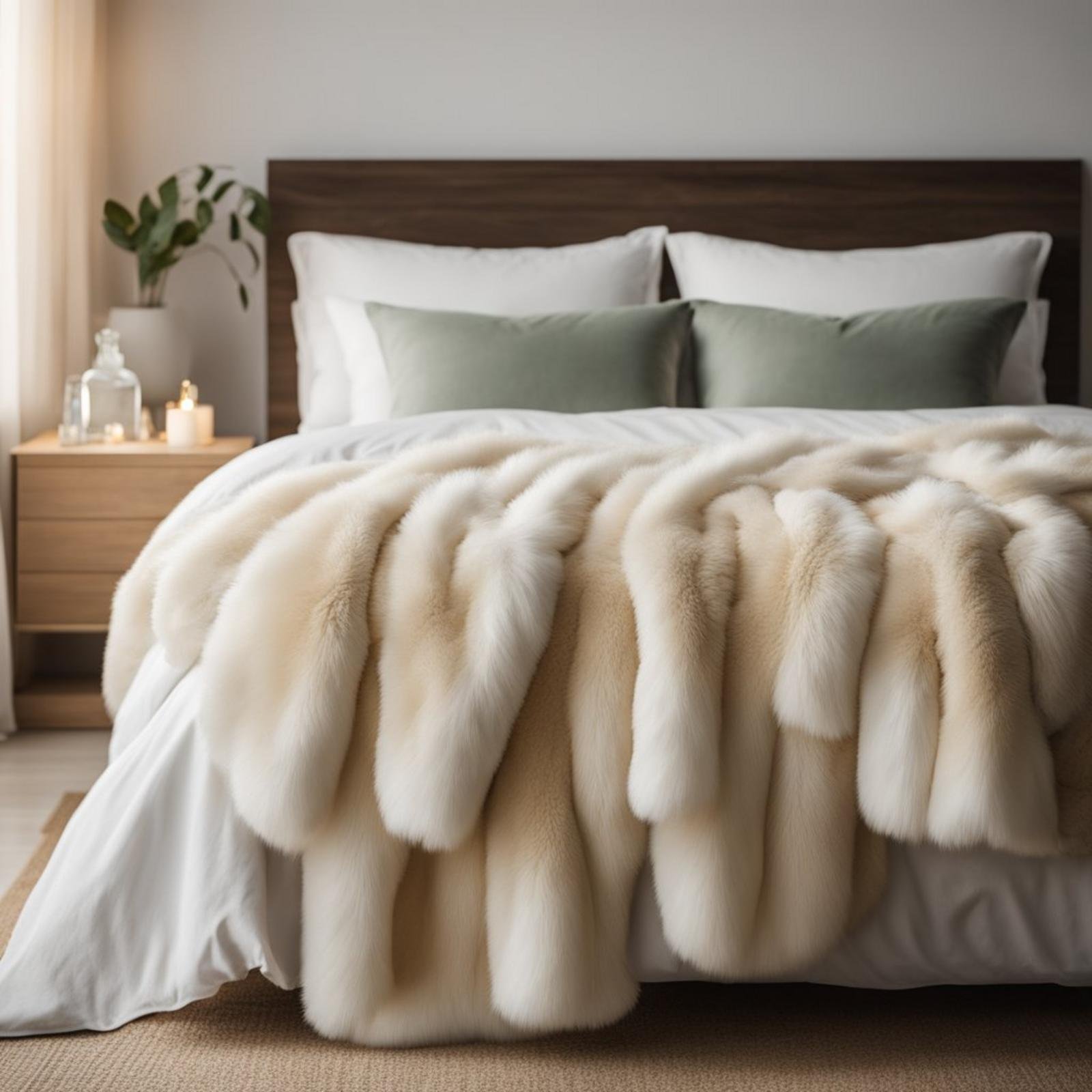 5 ways to style an earthy tones coastal bedroom (you'll love #3) 10 An ivory faux fur throw blanket draped over a neatly made bed in a coastal-themed bedroom with earthy tones