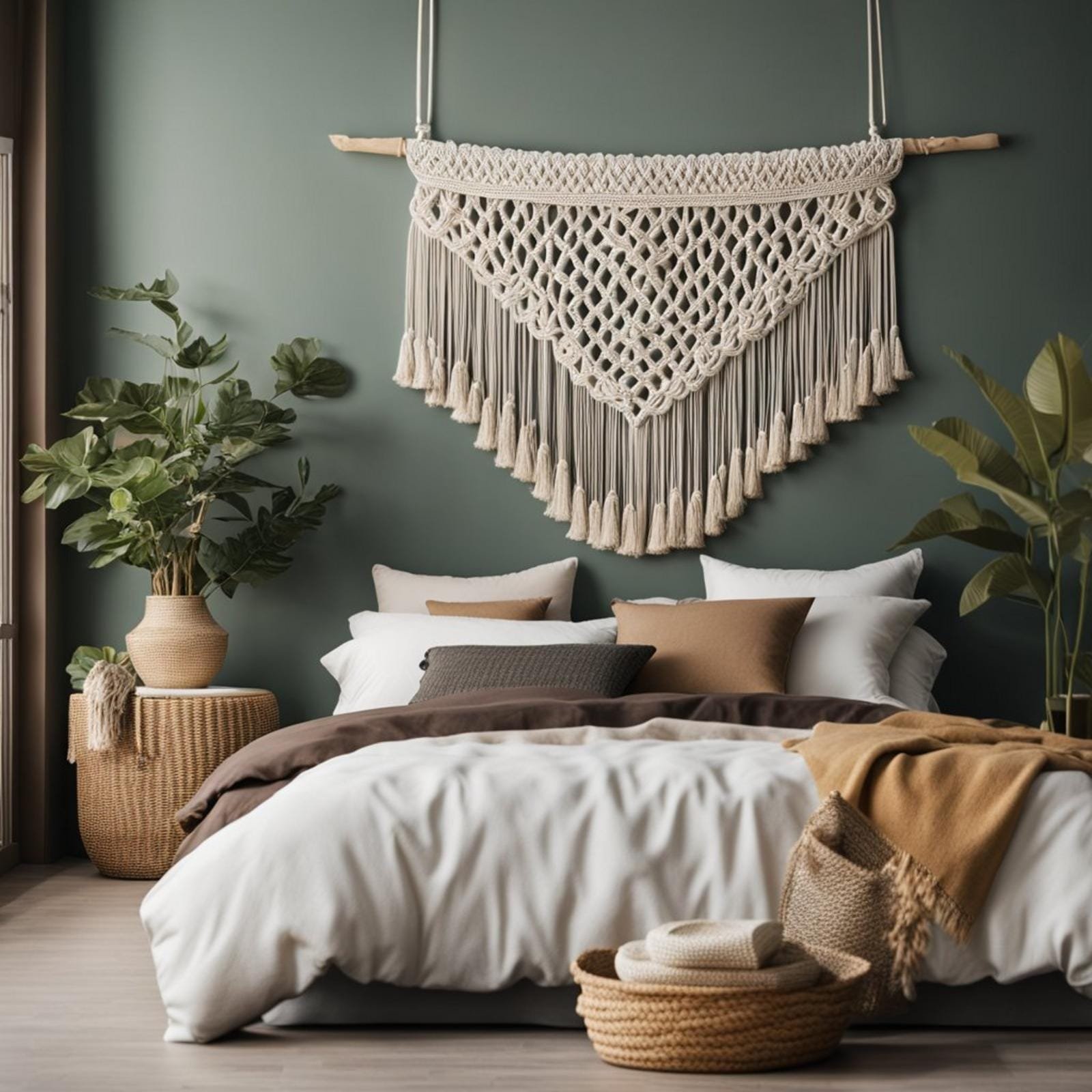 5 ways to style an earthy tones coastal bedroom (you'll love #3) 11 A macrame wall hanging in earthy tones hangs in a coastal bedroom
