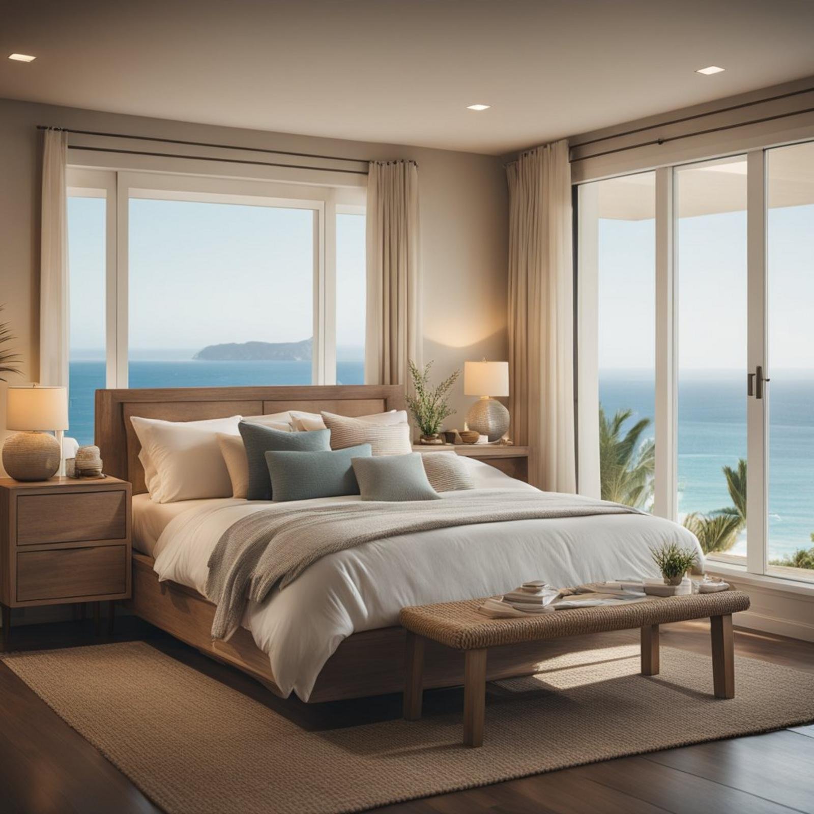 5 ways to style an earthy tones coastal bedroom (you'll love #3) 12 A cozy coastal bedroom with earthy tones, vintage artwork, and a view of the ocean