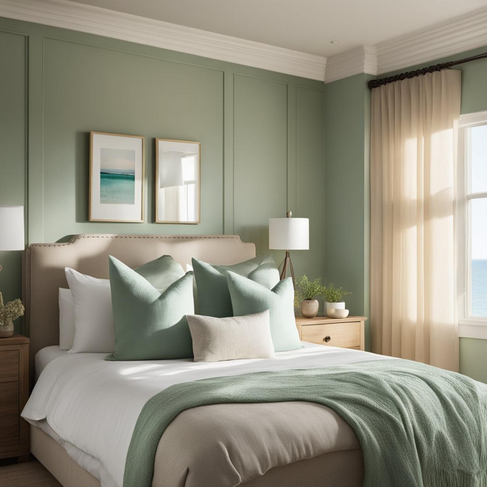 5 ways to style an earthy tones coastal bedroom (you'll love #3) 13 A coastal bedroom with earthy tones, featuring sandy beige walls, driftwood furniture, and seafoam green accents. The sunlight filters through sheer curtains, casting a warm glow over the room