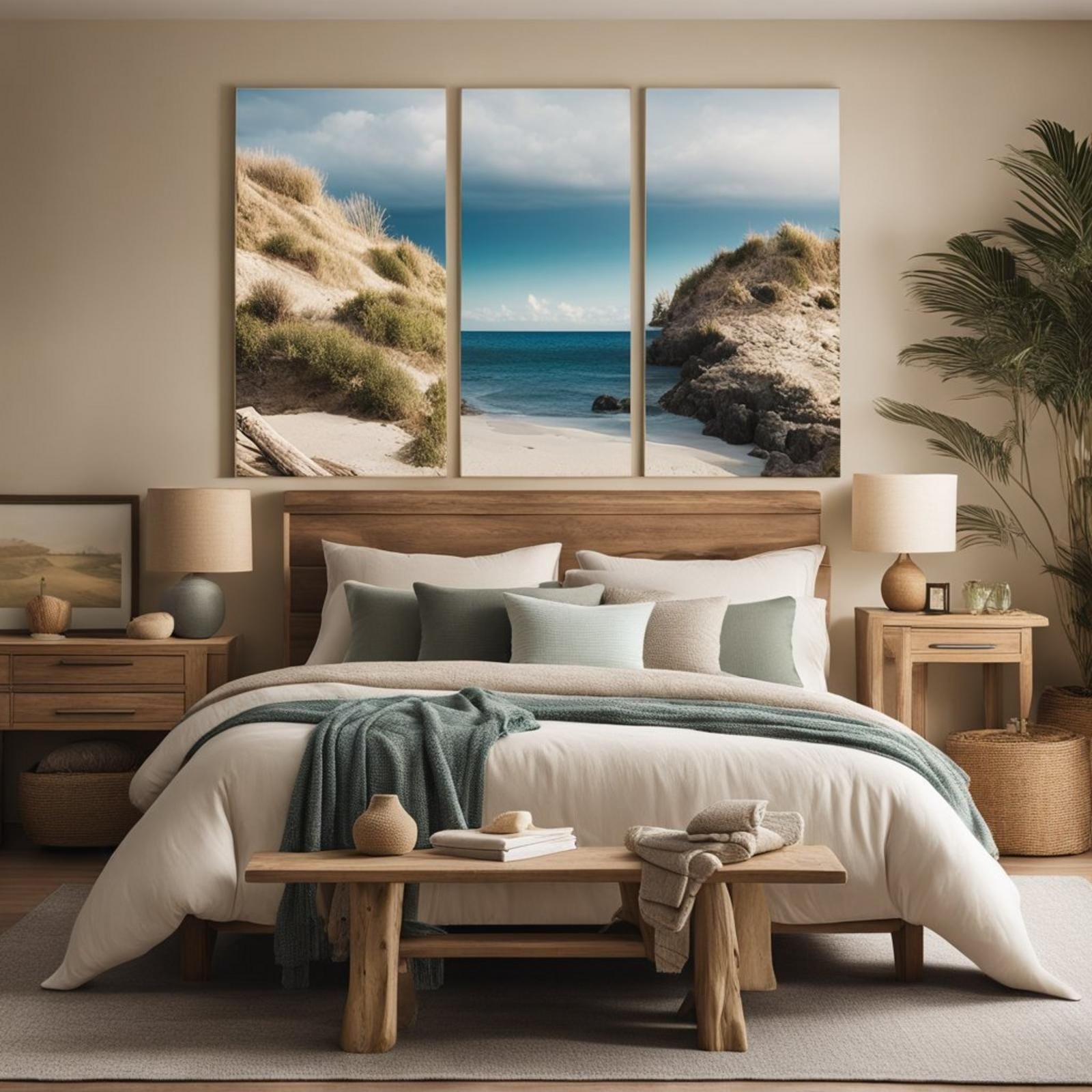 5 ways to style an earthy tones coastal bedroom (you'll love #3) 14 A cozy coastal bedroom with earthy tones, featuring a sandy-colored bedspread, driftwood decor, and ocean-themed artwork
