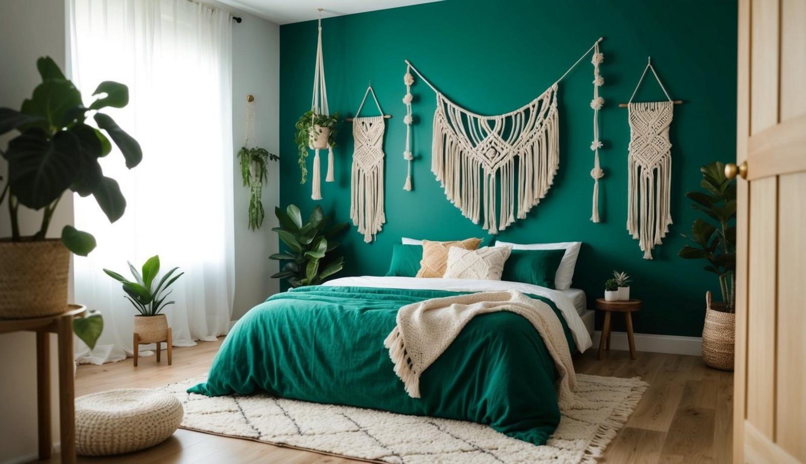 An emerald green boho bedroom with a cozy rug, macrame wall hangings, and plants scattered around
