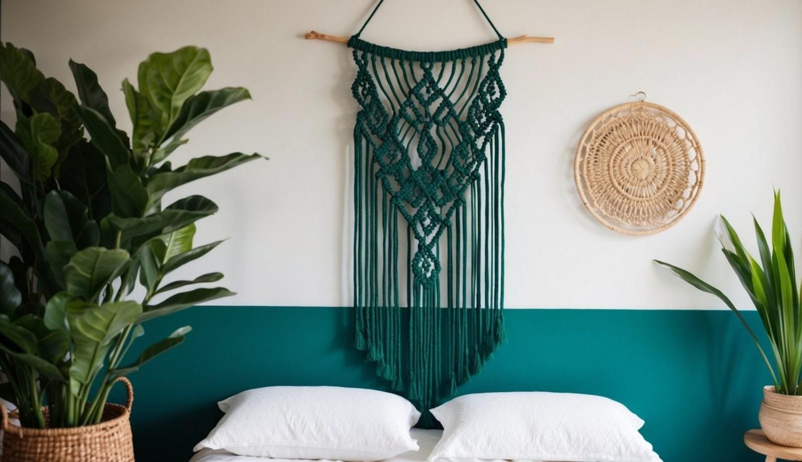 An emerald green macramé wall hanging in a boho bedroom