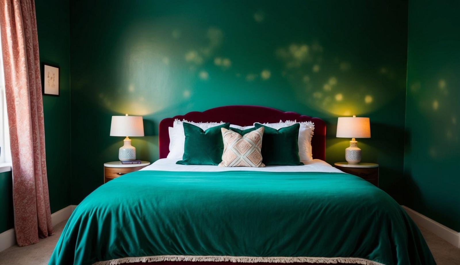 An emerald green boho bedroom with a vintage velvet bedspread