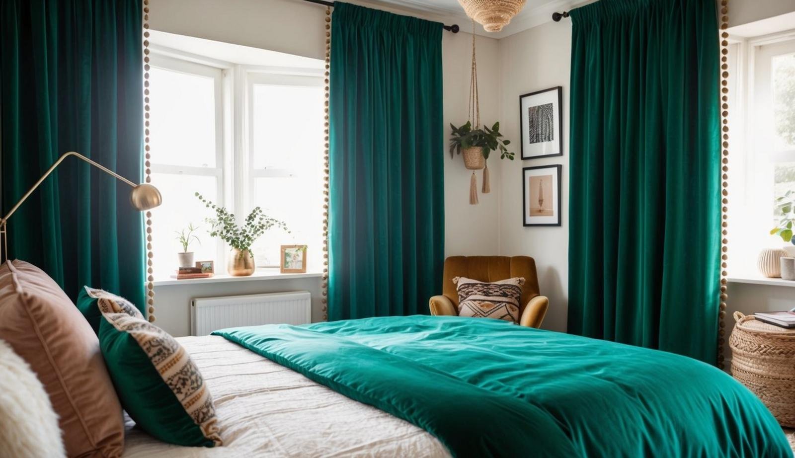Emerald green velvet curtains frame a boho bedroom with cozy, eclectic decor