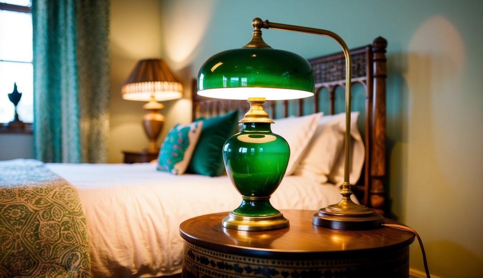 An emerald green vintage brass table lamp illuminates a boho bedroom