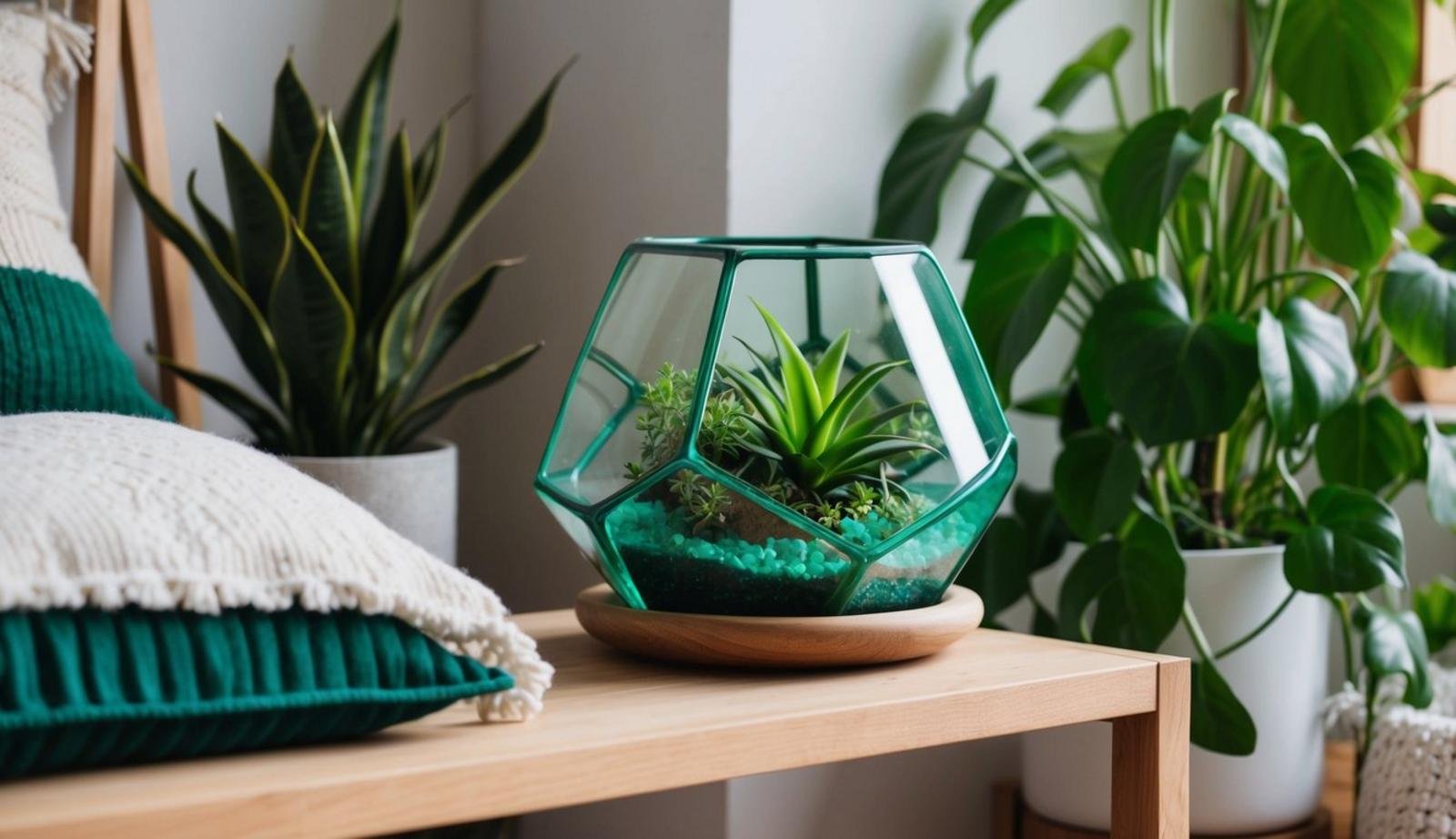 An emerald green glass terrarium plant holder sits on a wooden shelf in a boho bedroom