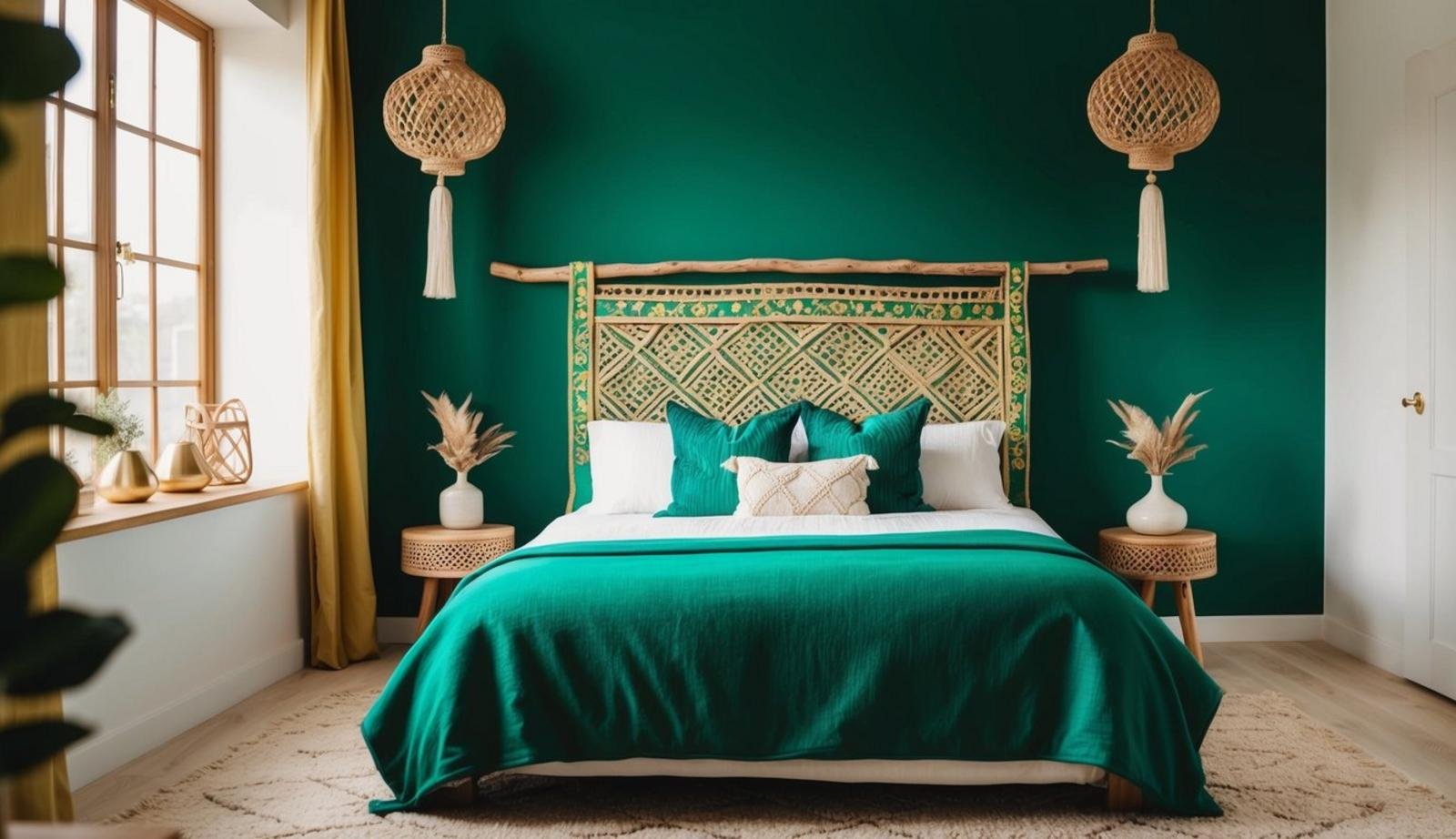 An emerald green boho bedroom with a handcrafted wooden headboard as the focal point
