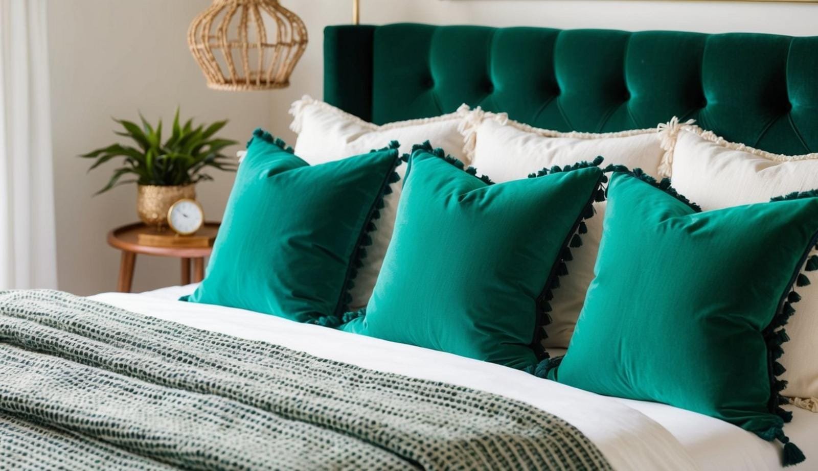 An emerald green boho bedroom with lush accent pillows and cozy textiles