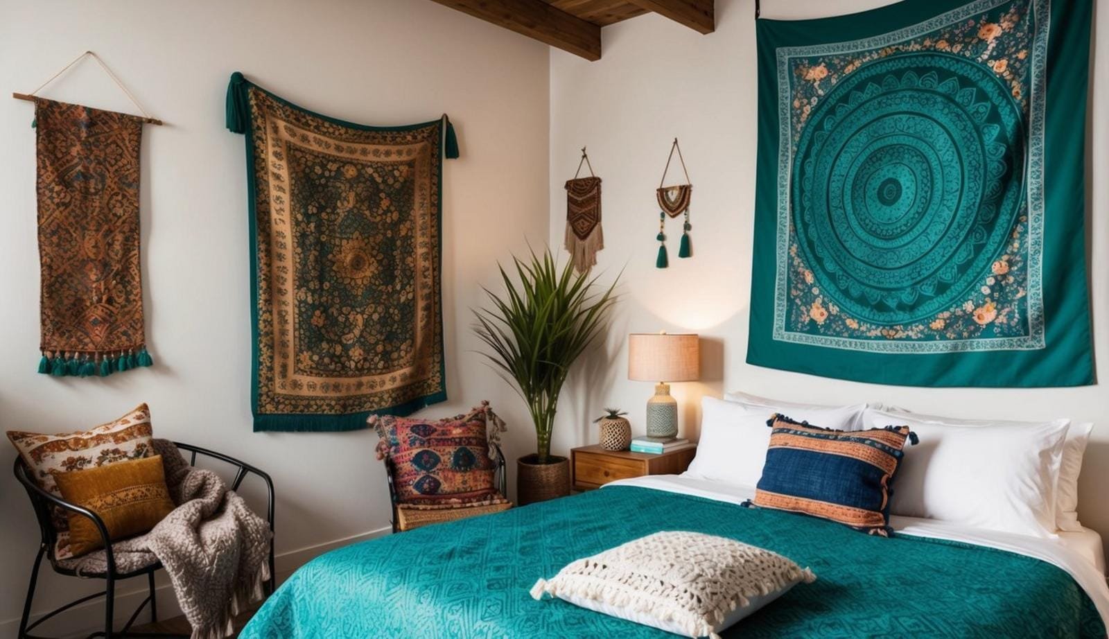 An emerald green tapestry hangs on the wall of a bohemian bedroom, surrounded by eclectic decor and cozy textiles