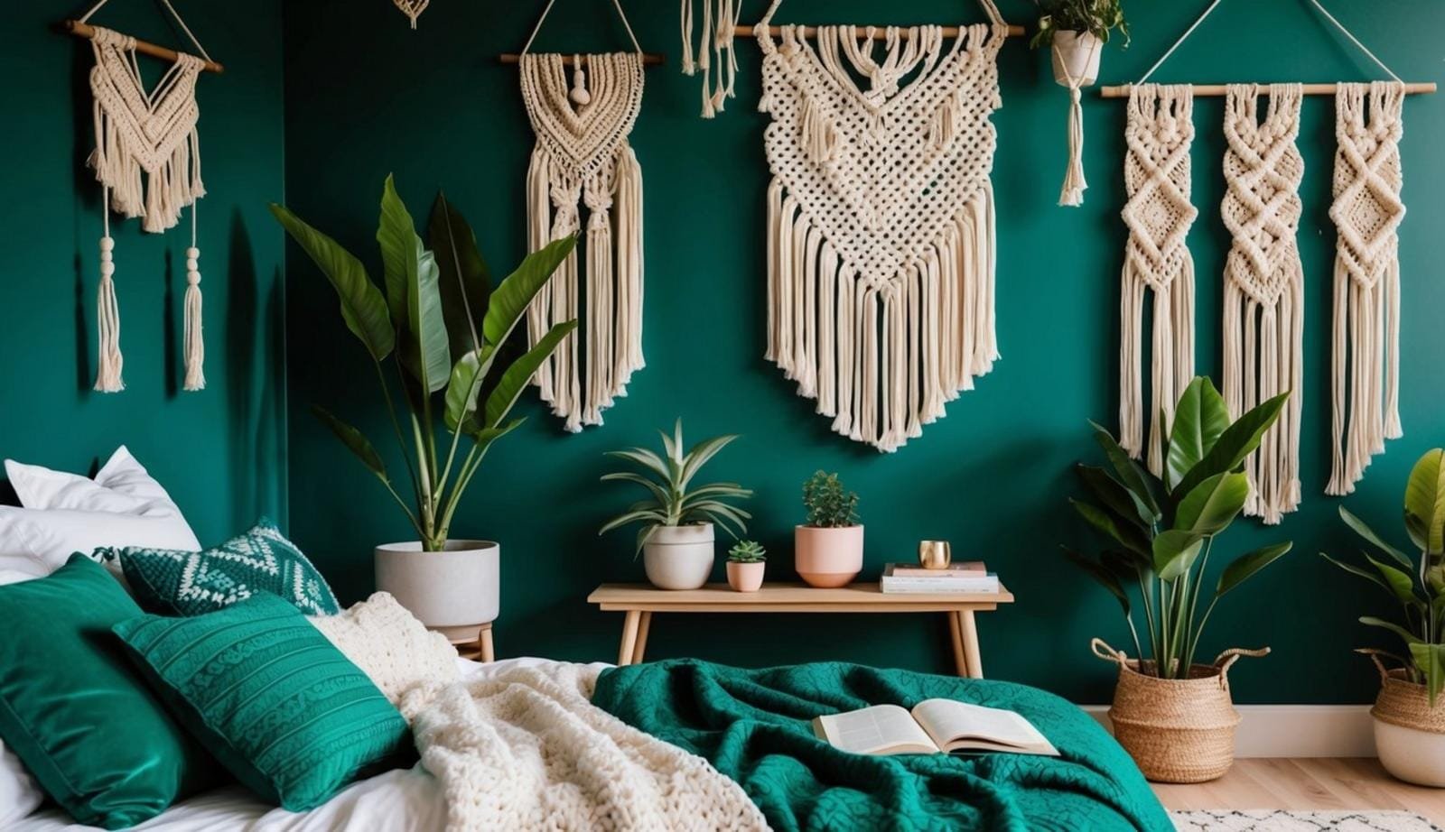 An emerald green boho bedroom with layered textiles, macrame wall hangings, and potted plants creating a cozy and eclectic atmosphere