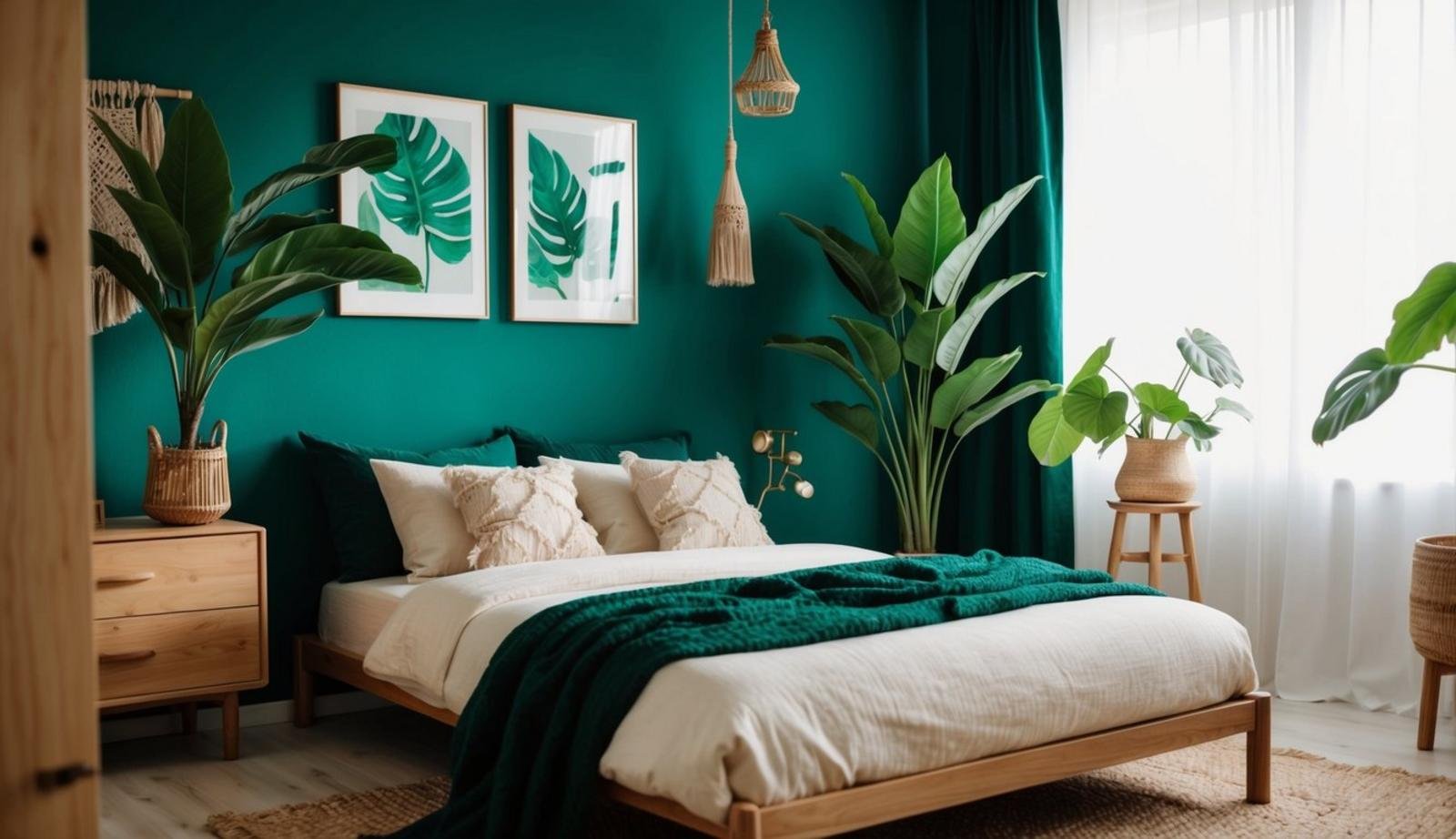 An emerald green boho bedroom with leafy plants, wooden furniture, and natural textiles