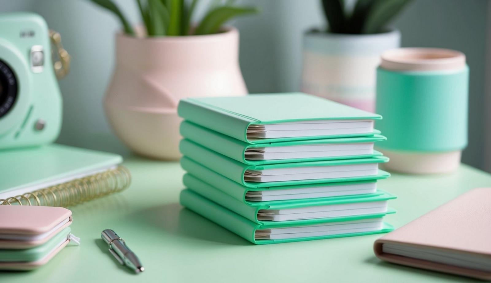 A stack of mint green notebooks on a light green desk, surrounded by soft pastel accessories