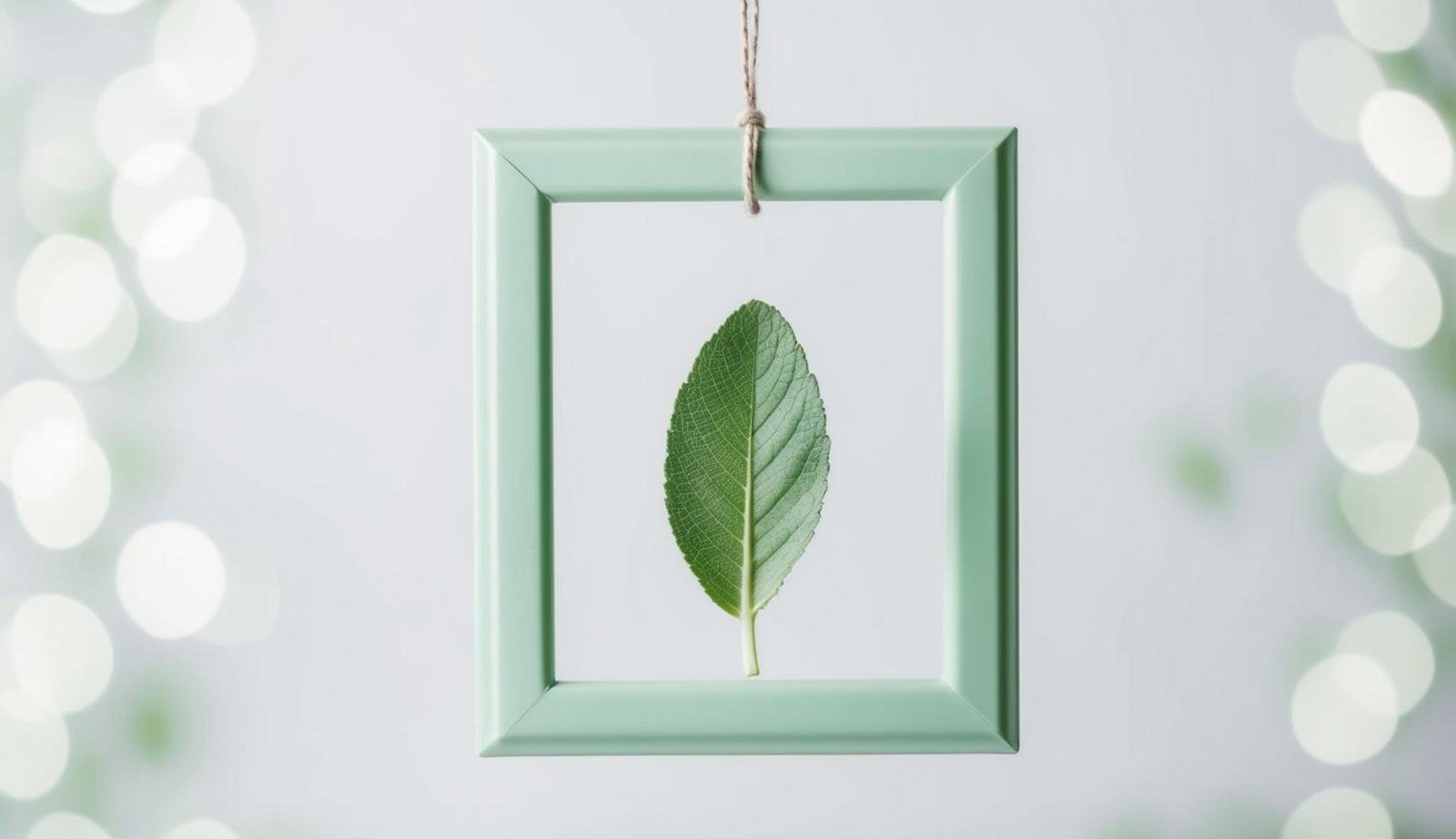 A single sage leaf suspended in a light green, minimalist frame, against a white backdrop