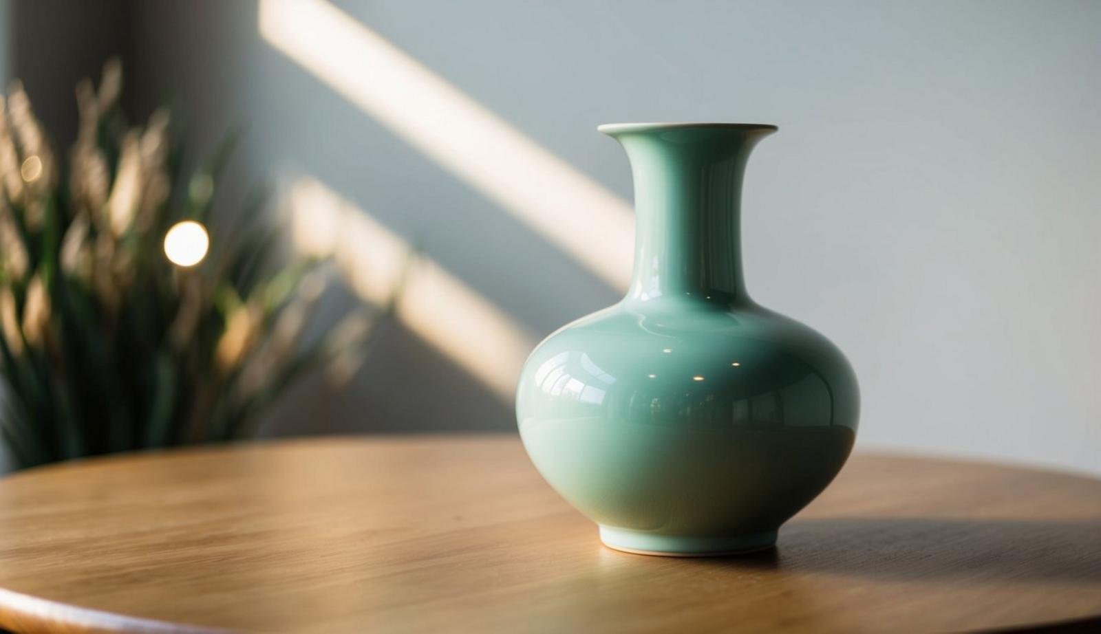 A light green celadon ceramic vase sits on a wooden table, surrounded by soft natural light