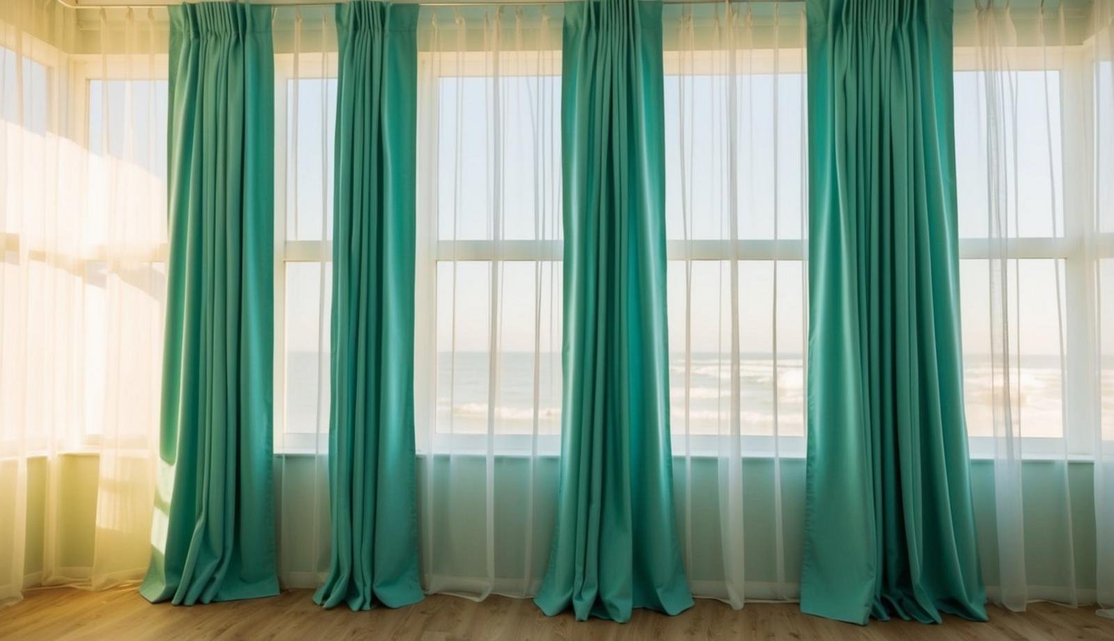 Seafoam green curtains billow in a sunlit room, casting a soft, calming glow over the space