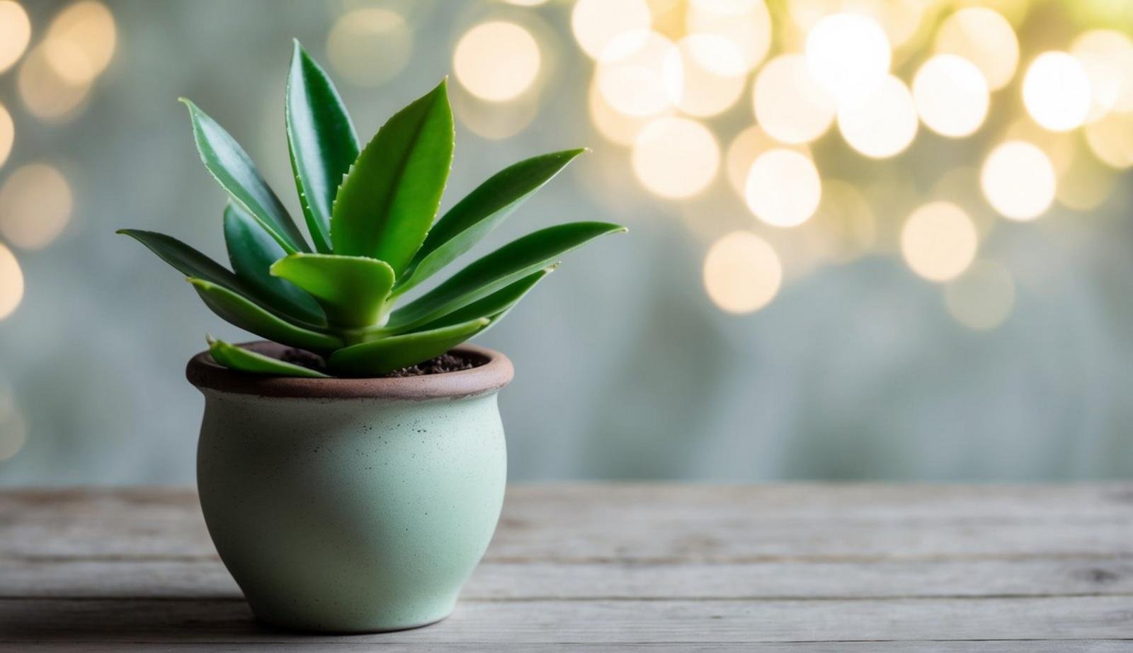 A light green jade plant sits in a rustic pot, casting a serene and calming aesthetic