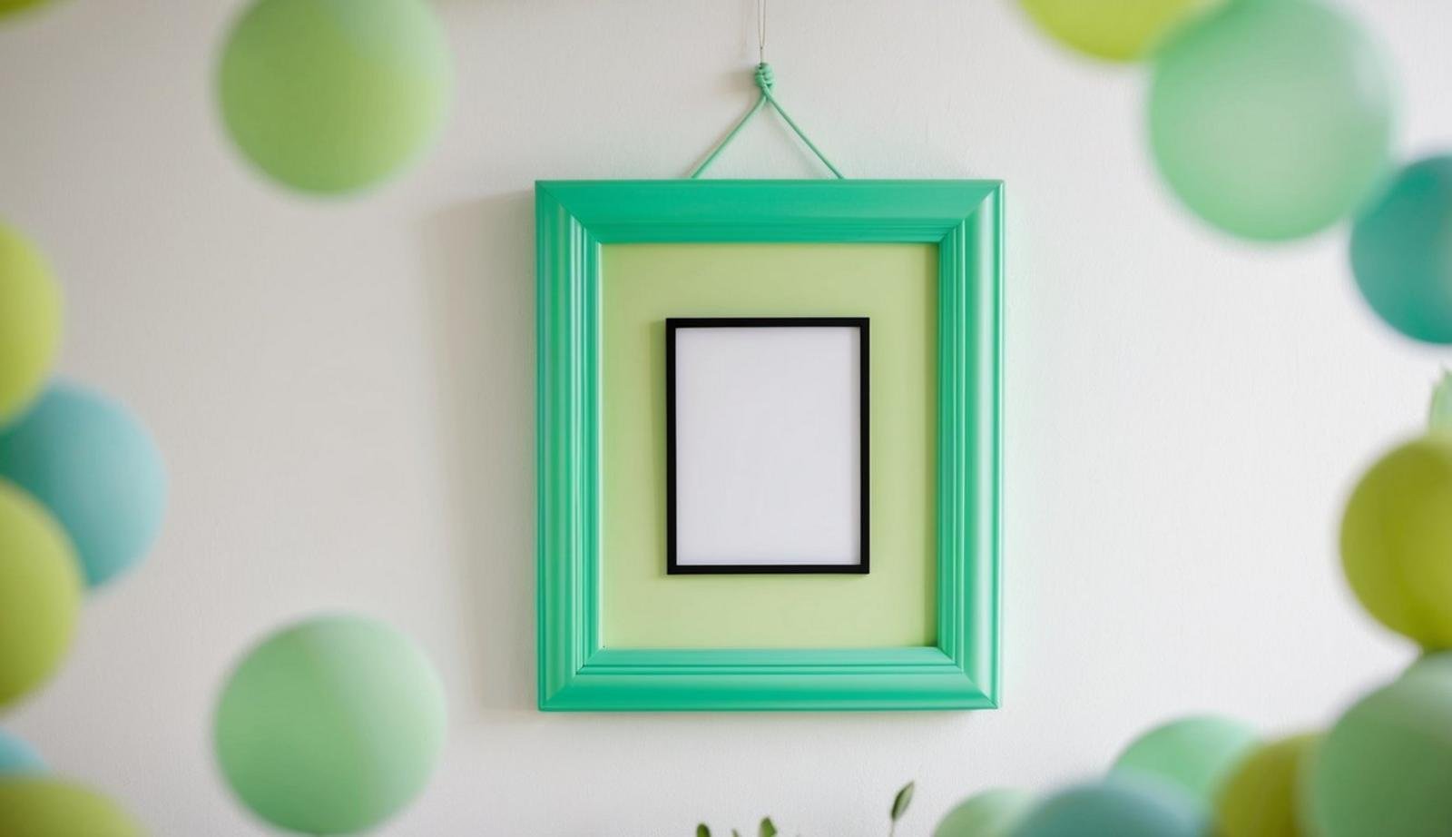 A chartreuse picture frame hangs on a white wall, surrounded by soft, pastel green accents