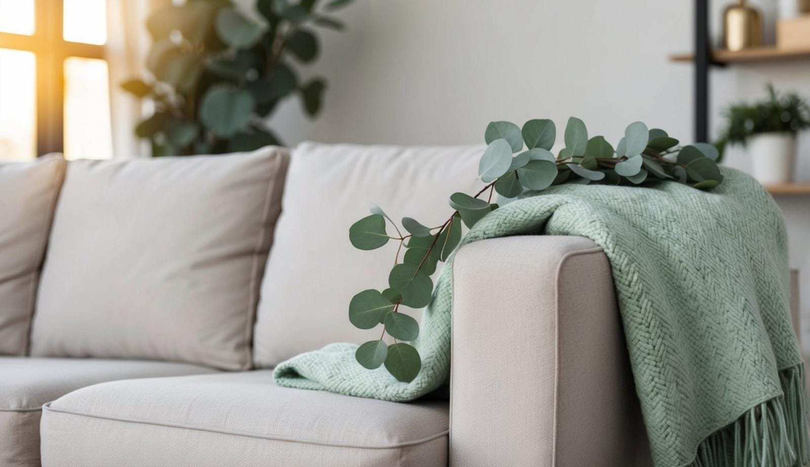 A cozy living room with a light green eucalyptus throw blanket draped over a neutral-colored sofa