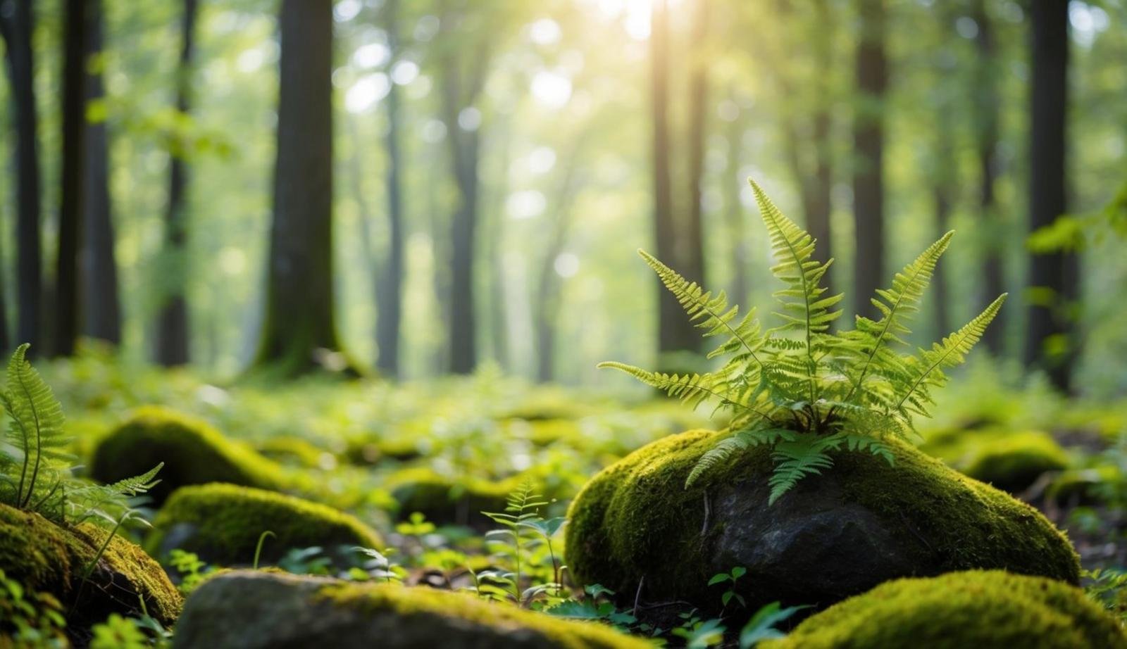 A serene forest clearing bathed in soft, dappled sunlight, with delicate ferns and moss-covered rocks creating a tranquil, light green aesthetic