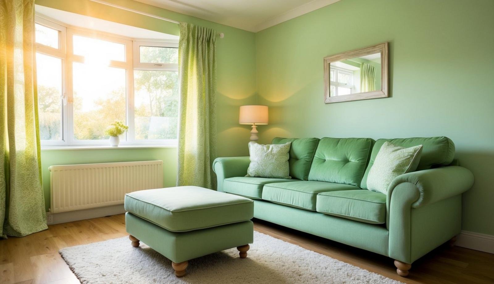 A cozy living room with light green walls, a plush light green sofa, and matching curtains. Sunlight streaming in through the window, casting a warm glow on the room