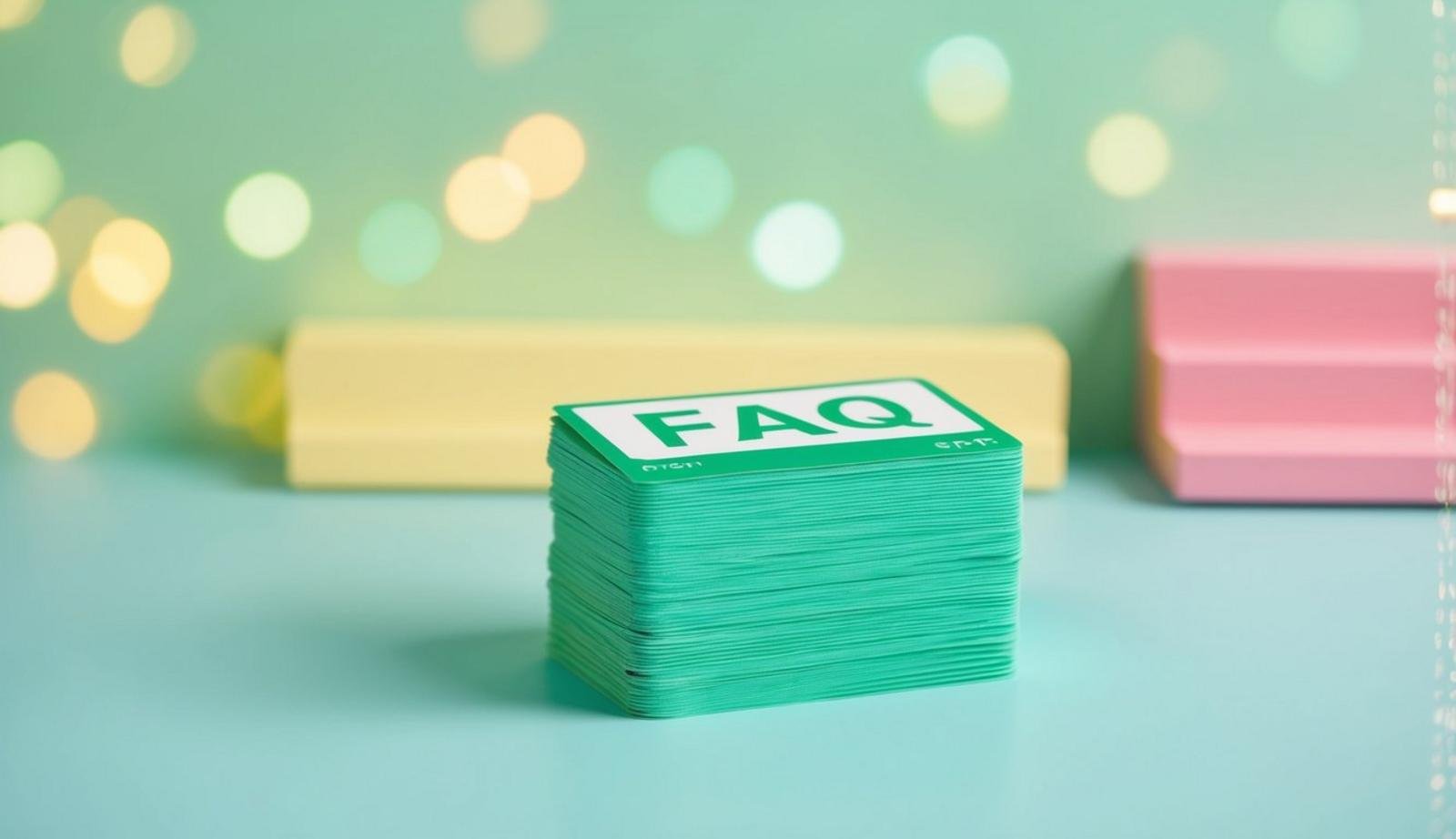 A stack of light green FAQ cards against a soft pastel background