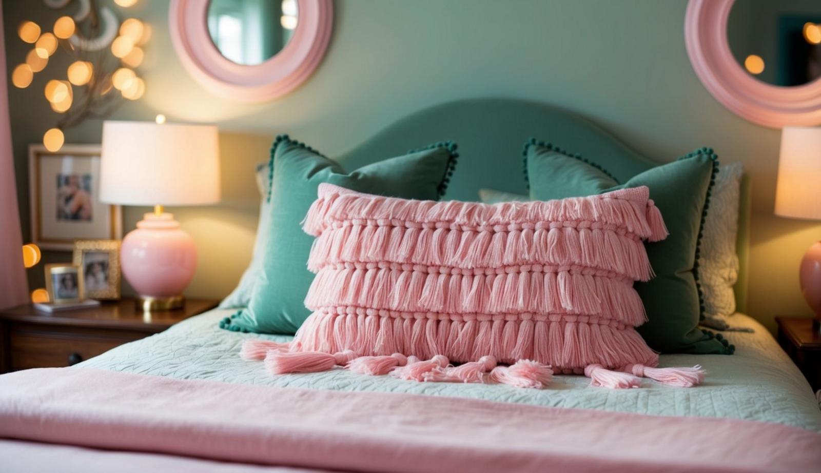 A cozy, pink or green bedroom with a Pottery Barn Pink Tassel Pillow on a neatly made bed, surrounded by matching decor and soft lighting